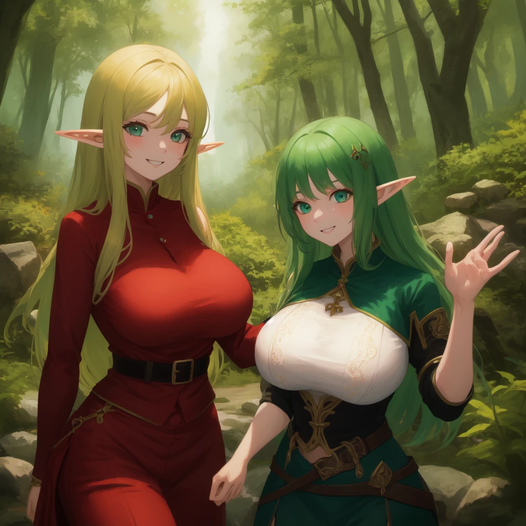 Create an enchanted manor where magical mistletoe intertwines with fractals, casting a spell over Santa, elves, and 3D Christmas ornaments in a timeless celebration, enormous tits
