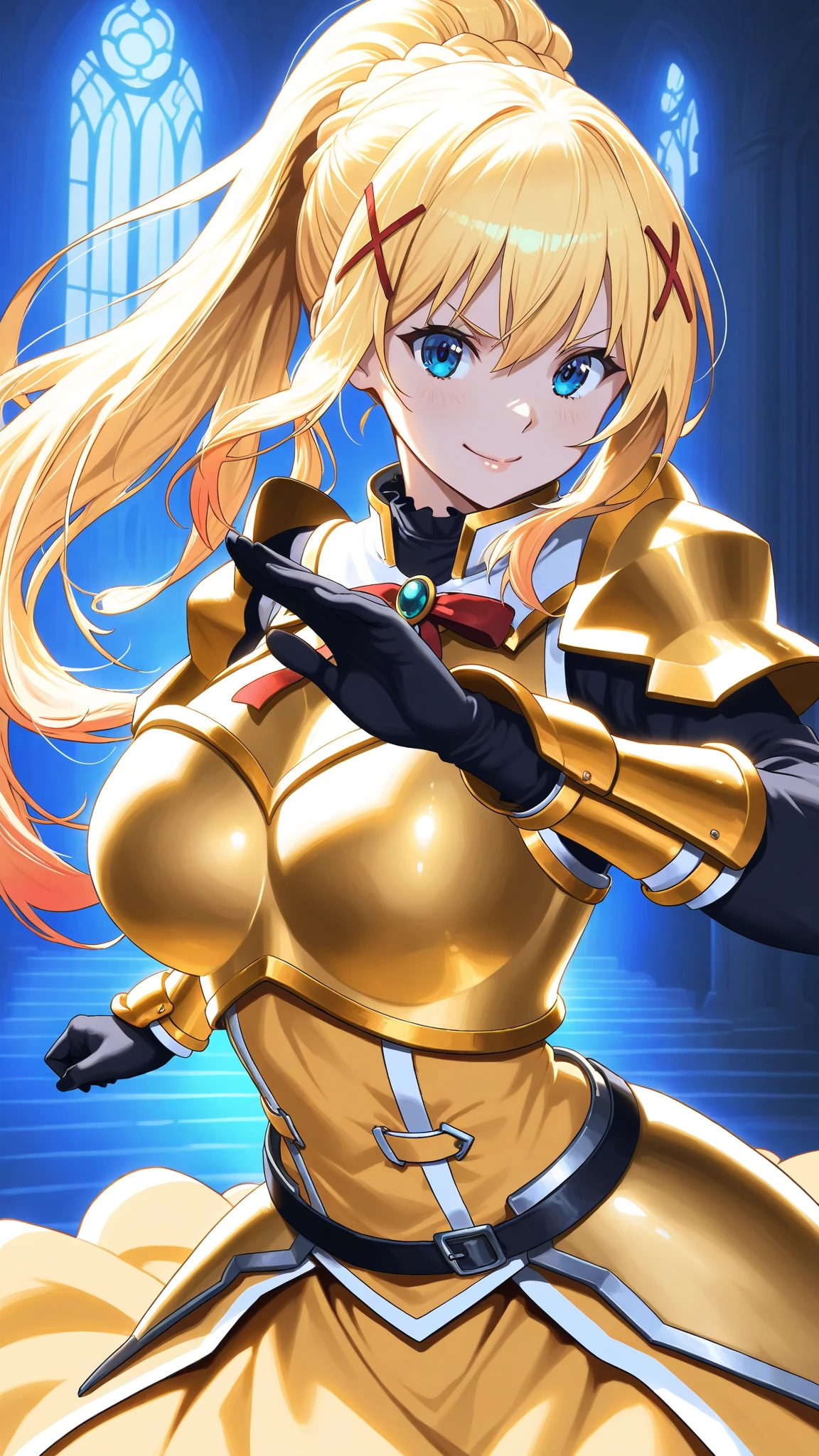 (1 girl,alone) ,fantasy, High resolution, 19 Private, original, (waist sheath:1.3), smile with open mouth, , short hair, medium breasts, view viewer, bangs ,Hazel eye detail, , put your hand on your chest,(blonde,short ponytail hair:1.5), ,short hair, Are standing,straight, Couple,(Full body Esbian:1.1), white thighs,(Couple:1.4),Close-up portrait of a woman in gold armor, Girl in Armor, ビキニアーマーのfemale knight, gold bikini armor,gold bikini armor, Gorgeous Female Paladin, female knight, 美しいfemale knightの, beautiful armor, Slender、gold bikini armor, exposure of the abdomen, Glamorous gold bikini armor, stunning armor, The beautiful knight smiled,vertical navel、skin luster、Esbians with rough skin,Futomo,silver armored boots,Don