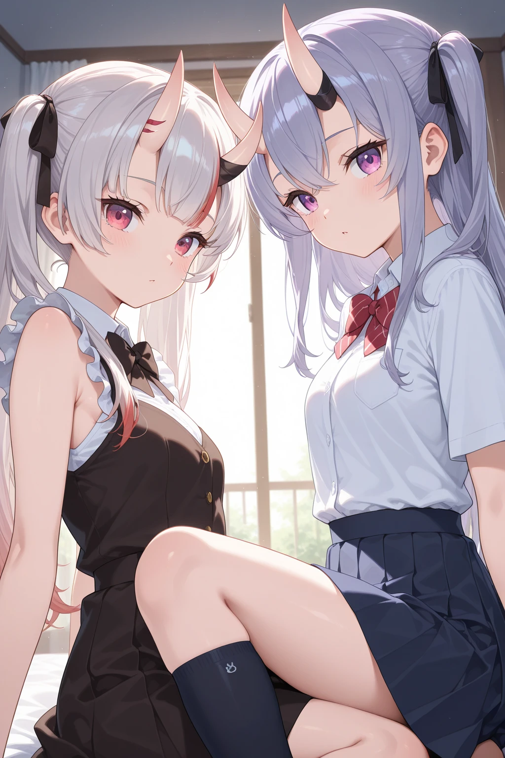 indoor,((classroom)),Focus from above, Green Eyes, Grey Hair, hair ornaments, bangs, Virtual YouTuber, blunt bangs, Double Bang, Animal ears, Flat Chest,uniform,Grey Skirt,Pink Panties,blush,boy,sit astride,Cover your head with a skirt,Men are down,Woman on top,