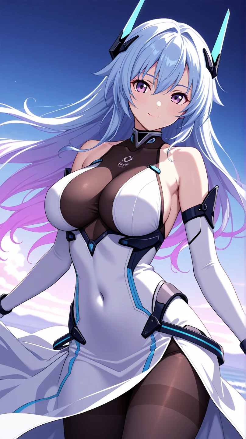 1girl, dark skin, dark-skinned female, white hair, long hair, yellow eyes, large breasts, breasts, thick thighs, wide hips, mature female, milf, tall, tall female, toned, toned female, smile, futurustic, science-fiction, machinery, tech, white clothes, white bodysuit, bodysuit, neon trim, neon, neon lights,