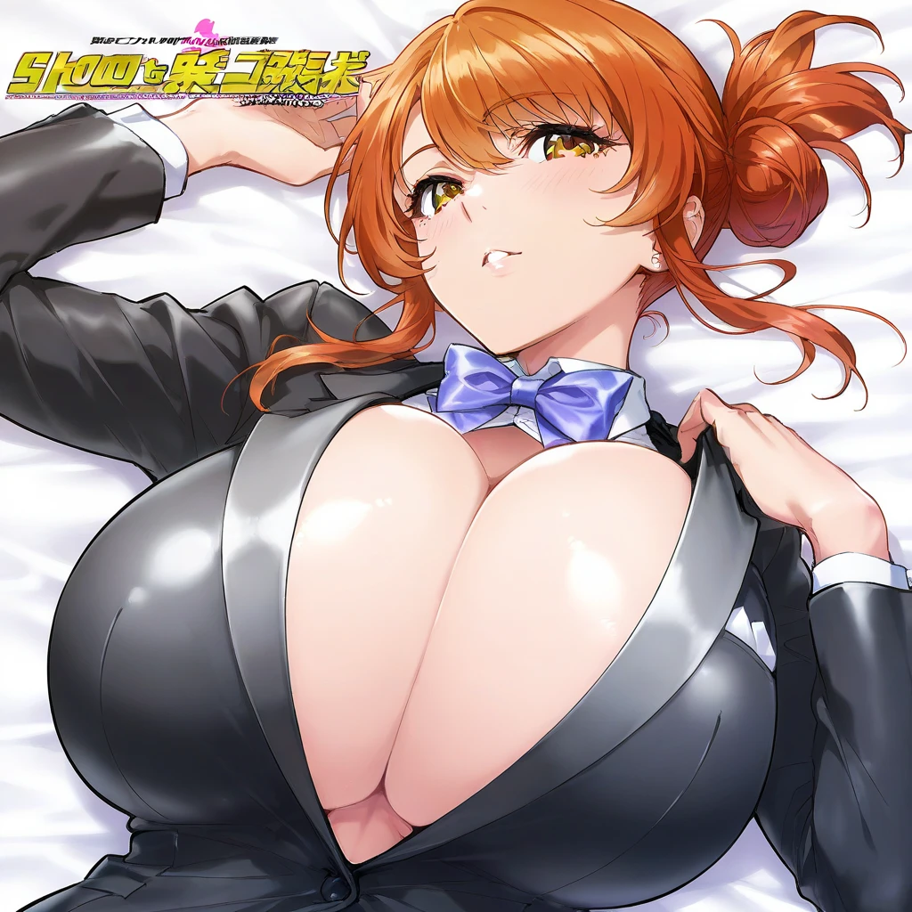 （（super high quality,Ultra-high resolution,16K,super masterpiece,Ultra HD ,Detailed shading,））Full body photo,Dark Room,Lying on the bed,Sexy woman,Cleavage,Yellow jumpsuit,White belt at waist,popped Tight collar,sexly,smile,Ahegao,blush,Sweaty,Drooling,Pink microphone,Love juice overflows from the crotch,