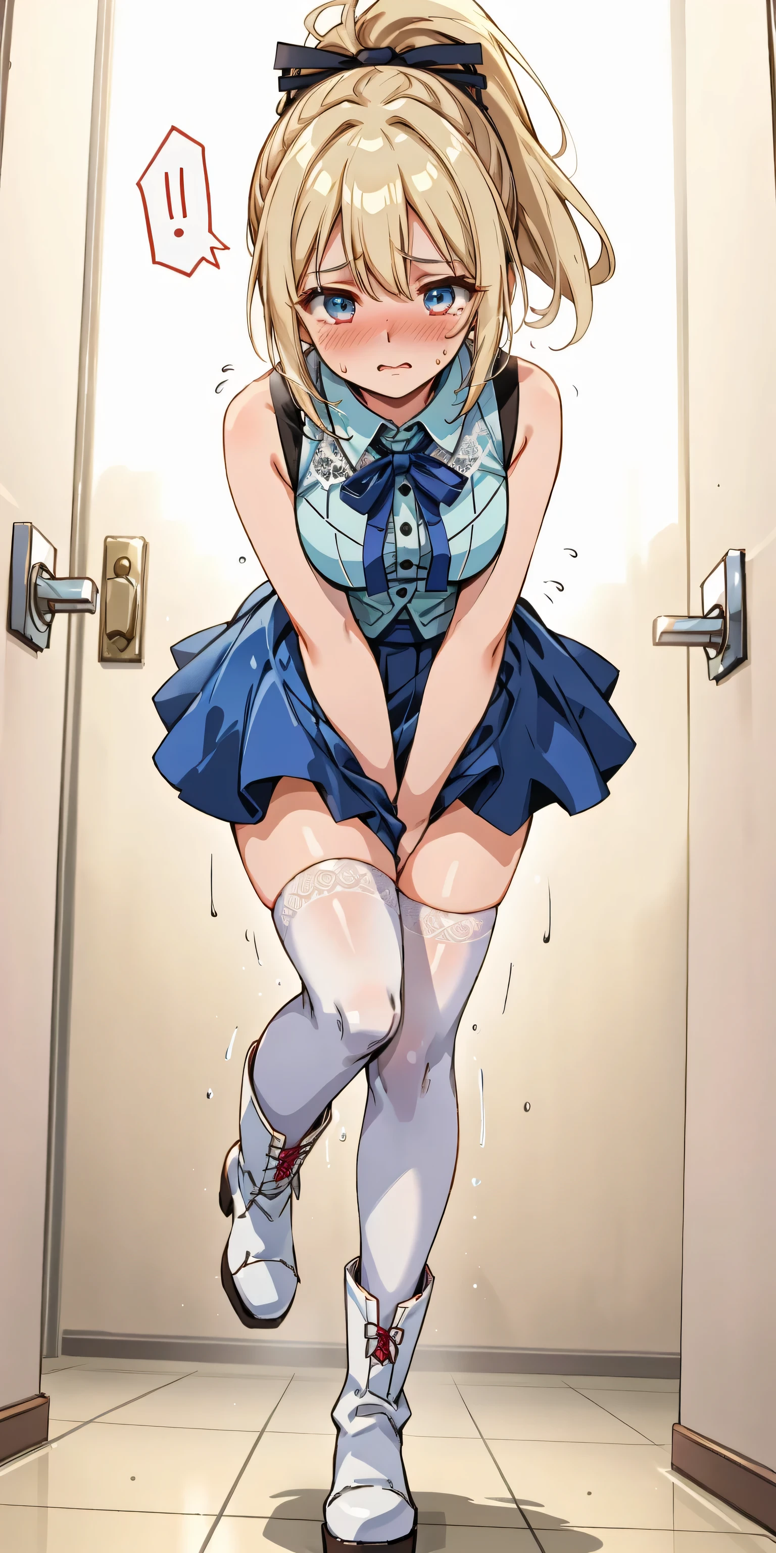 SIGMA 200 mm F/1.8, 1/100 sec shutter, award-winning photo, beautiful medium breasts, shiny skin, low-ponytail, (have to pee), Disheveled hair, (expression of patience:1.1), teary eyes, tense mouth, (Truly urgent in deep panting), (in very crowd woman restroom, she forced to hold her pee so badly:1.2), intense urge to urinate hits her bladder, (Full face blush:1.3), (Squinting:1.1), looking_to_the_side, (spoken sweatdrops), (Impatience:1.1), (Quickly shifting from foot to foot unsteady standing on one leg), (embarrassed), She try knocks on the restroom door, (leaning forward), (pee dance), (She rolls up her hem to intense grab her crotch directly:1.5), (She focuses only hold her crotch:1.1), (body stiffen trembling, jiggling thighs:1.2), (light blue sleeveless top with white lace trim and ribbon detail, matching asymmetrical layered skirt with lace ribbon, white buckle, white thighhighs, chunky white platform boots), 8K, ultra-detailed, best quality, ultra-detailed face, anatomically perfect figure, extremely detailed beautiful curvy body girl, (dutch angle), nsfw,