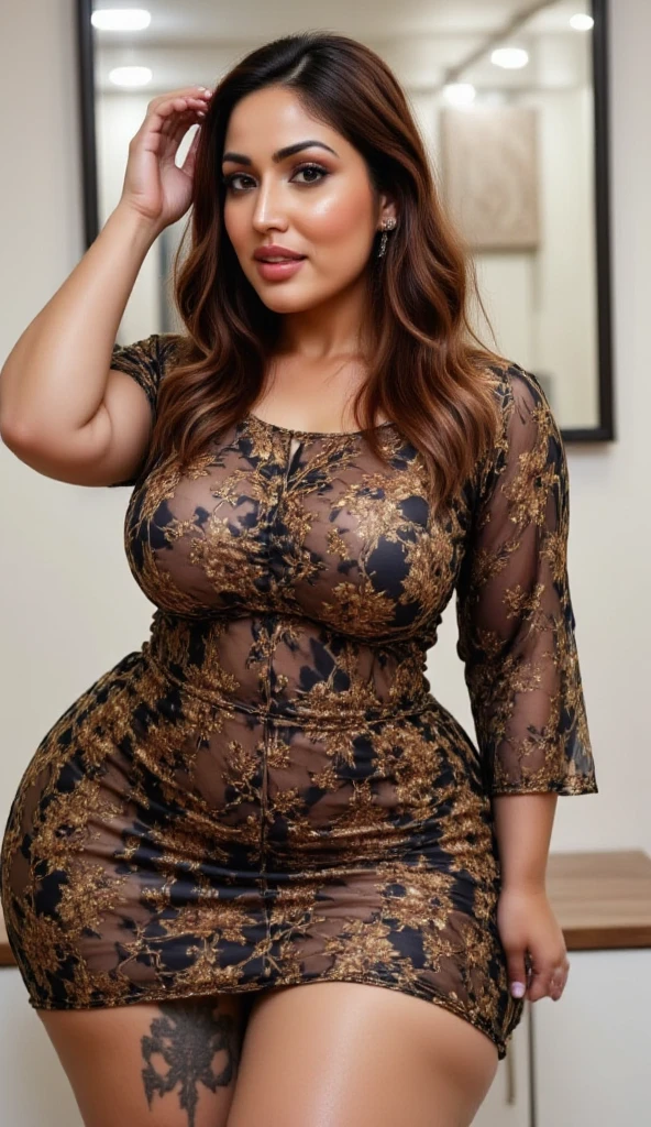 Stylish  black Button up shirt, curvy,  curvy hip, curvy thighs, skin color match, large breasts, full cleavage, flat stomach, smooth legs 