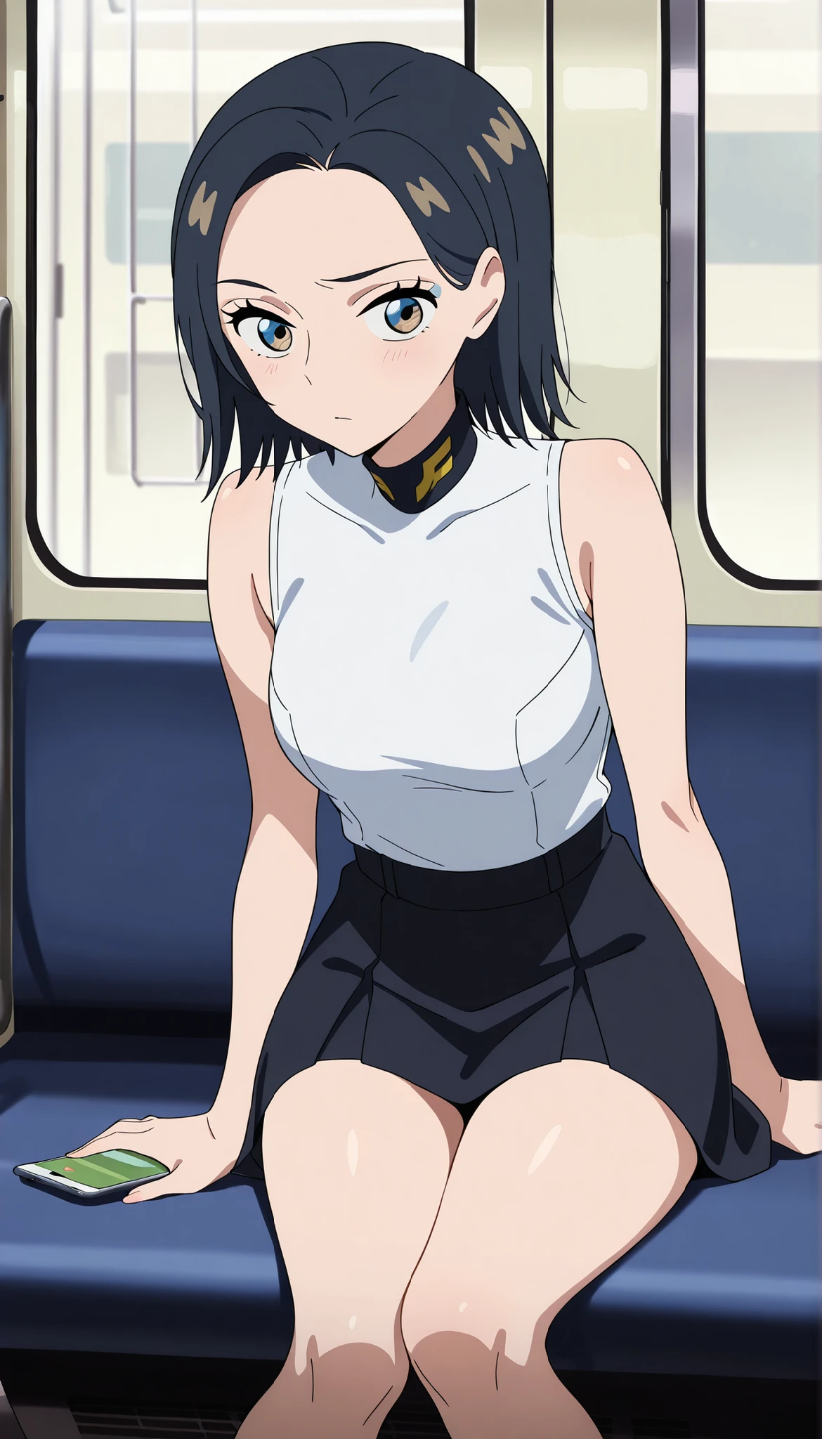 Comoli Harcourt,dark haired,short hair,black skirt,white sleeveless shirt,swimsuits sitting on,thighs,Inside the Train,having a smartphone,Ulchan -6500-v1.1, (RAW pictures:1.2), BEAUTIFUL DETAILS, Very Detailedな目 美しい目,beautiful eyes,brown eyes, file size is large, high resolution, Very Detailed, Highest Quality, [masterpiece:1.6], Awareness-raising, Very Detailed, CG, fine, Highest Quality, 8K Wallpaper, Perfect Body,Very Detailed