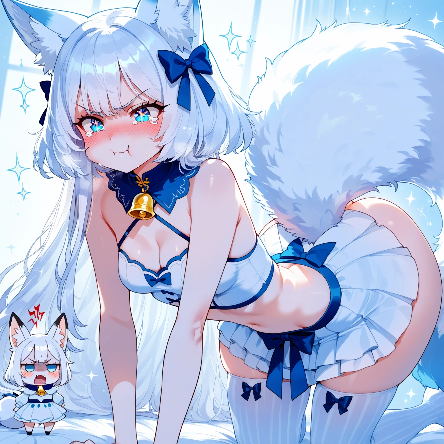 Little beautiful girl, naked,Cat ear,Long white hair,Light blue eyes,cute, young, small limbs, short fingers, Big Breasts, smile, Big ribbon, Thin and light clothing, 透け感のある水でWet白いドレス, Sheer white lace tights, Thin, sheer white tights,Smooth Skin,lift the perineum,Her cleavage is protruding ,(Spread your legs),(The hand details are perfect too.),(Wet),Squat,Wet,Vulgarity, leaking,Nipples can be seen through clothes,White long gloves,