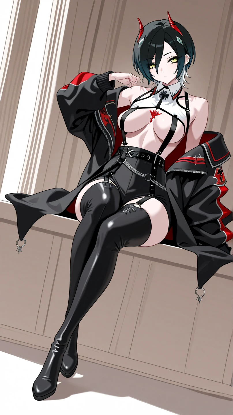 (masterpiece, best quality:1.2), from below, solo, 1girl, ozen, expressionless, closed mouth, looking at viewer, hands on hips, black jacket, cape, black pants, black gloves