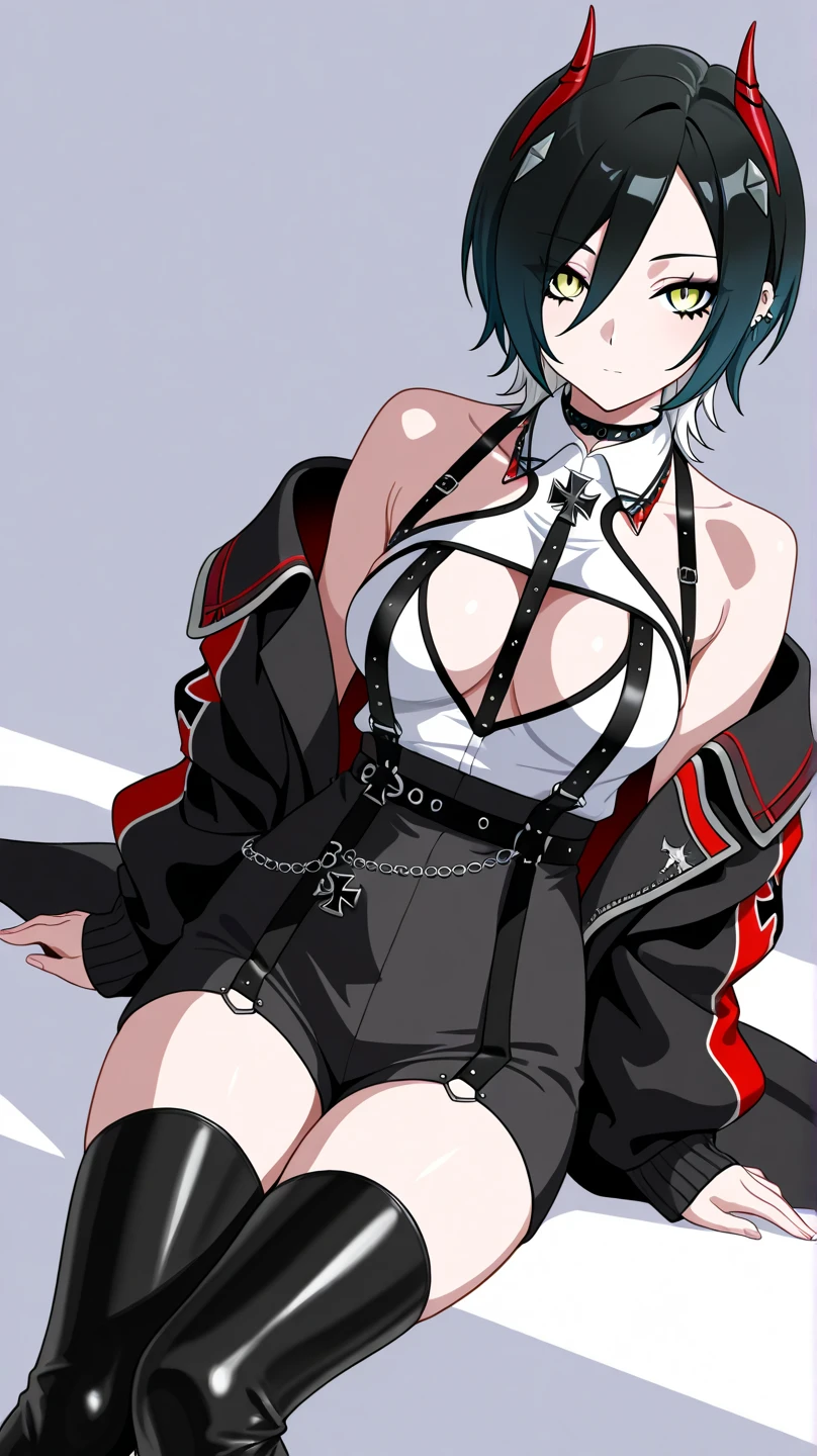 best quality, masterpiece, highres, solo, {ulrich_von_hutten_azurlane:1.15}, horns, black_hair, yellow_eyes, short_hair, red_horns, multicolored_hair, breasts, piercing, bangs, hair_between_eyes, medium_breasts, mechanical_horns, white_hair, hair_over_one_eye, hair_ornament, 1girl, bare_shoulders, black_jacket, cross, iron_cross, jacket, navel, navel_piercing, simple_background, stomach, white_background, areola_slip, black_choker, black_coat, choker, coat, off_shoulder, open_clothes, black_thighhighs, crop_top, parted_lips, sitting, thighhighs, looking_at_viewer, open_coat, revealing_clothes, large_breasts, maebari, open_jacket, sleeping