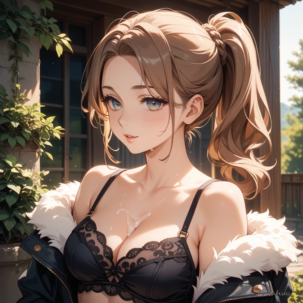 Portrait of ubel: a stunning woman with an updo, sitting at the bar in a nightclub. This masterpiece is of the best quality, ultra-detailed, and perfect for an 8k HDR wallpaper. Featuring cinematic lighting with sharp focus and intricate details. NSFW. bare breast
