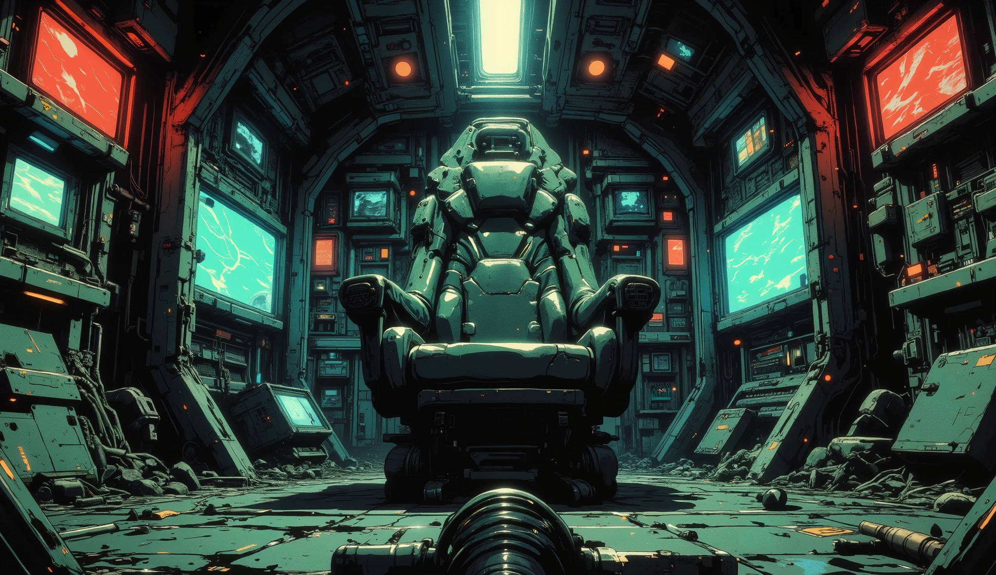 [[Anime Scene]] A masterpiece, very current, high-quality, 90s-style anime scene, with a dark and retro atmosphere, inspired by 90s anime. Low angle, a retro-style spaceship room, the scene shows an empty pilot's chair right in the center of the image, low angle, in the background monitors and wires characteristic of a sci-fi ship in anime, [[Low angle]] the background is dark and poorly lit, the anime style features an anime background and a 32k cel tone technique. The rendering is in the style of the animes Vampire Hunter: Bloodlost and Blame and Black Lagoon. Exposed wires. The ship has a steampunk style. Straight and linear walls, [[Low angle]] inspired by post-apocalyptic spaceships.