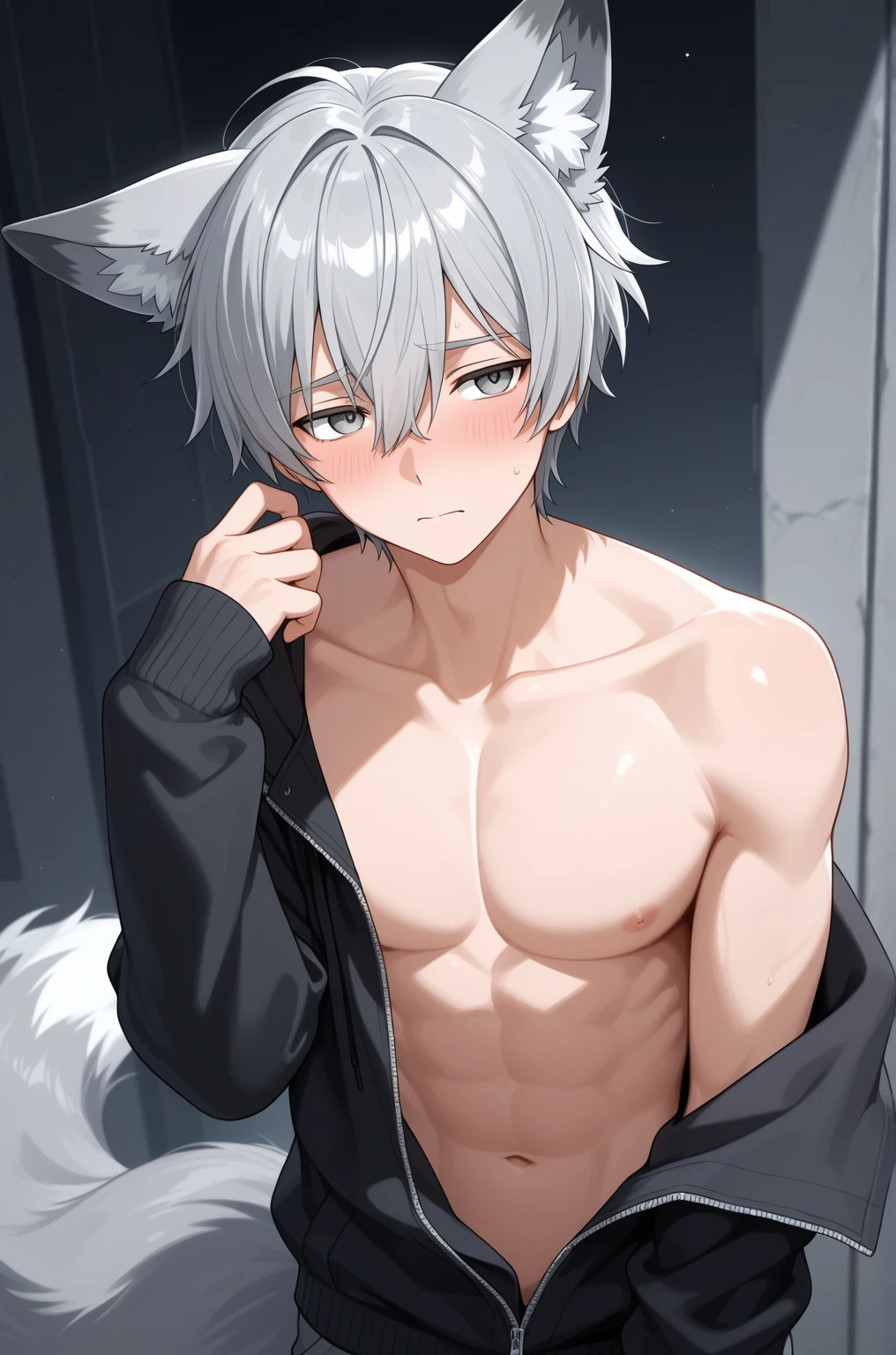 White hair，Soft and cute little Shota，Shirtless，Cute animal ears and tail，Pure lovely，Naïve and humble，younge boy