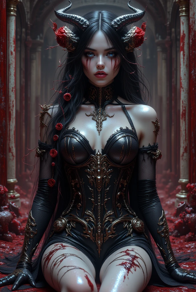 (best quality, hyperdetailed photography:1.2), beautiful lady, freckles, gothic dark makeup, soft light, perfect breast, cover, (detailed beautiful face, detail skin texture, ultra-detailed body:1.1) sexy vampire girl, red eyes, perfect body, skull, blood, (, showing fangs), full leather cloak, dress, sitting on throne, spreading legs wide open