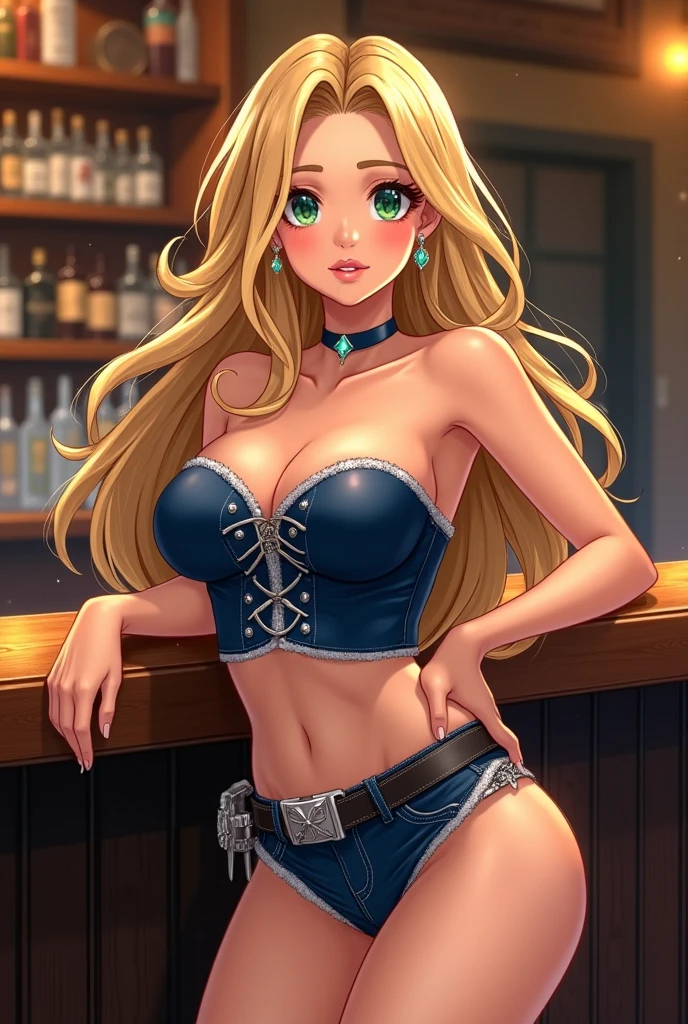 ((Masterpiece)), ((Best Quality)), Ultra High Resolution, HDR, absurderes, 8K, (1 girl), intricate details, ultra-detailed, dramatic lighting, blushing, very happy blue eyes, long blonde hair, ponytail, (wearing a black bikini, jean shorts and a beach hat), in a restaurant, gorgeous girl, large breasts, gorgeous body, glossy skin, vivid colors, full body view, detailed illustration, detail background, shy, feminine, professional artwork, big thighs, cleavage, small waist, wide hips