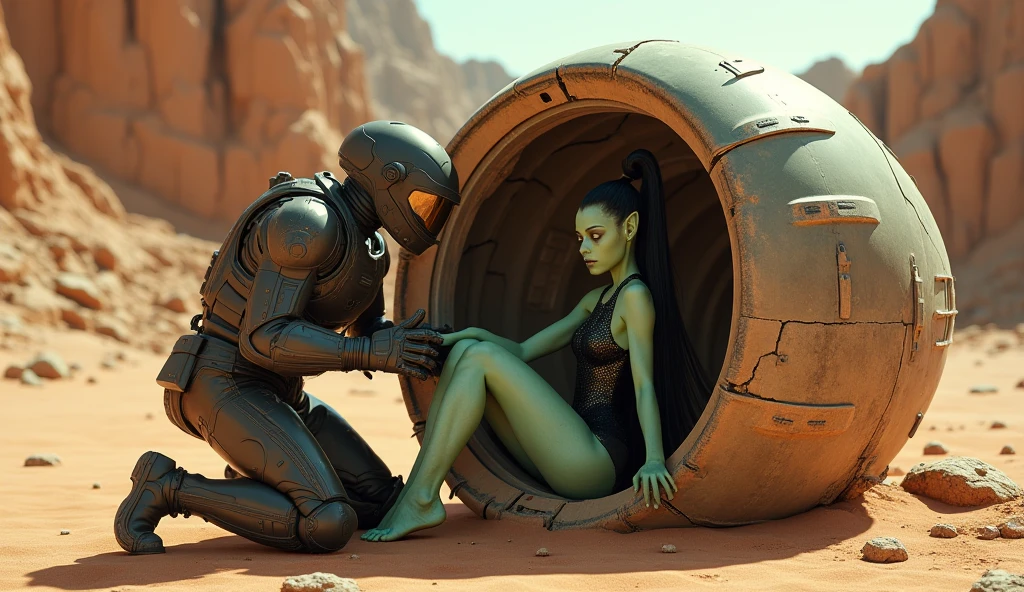 Generate an image of man and women hiding from an alien on another planet