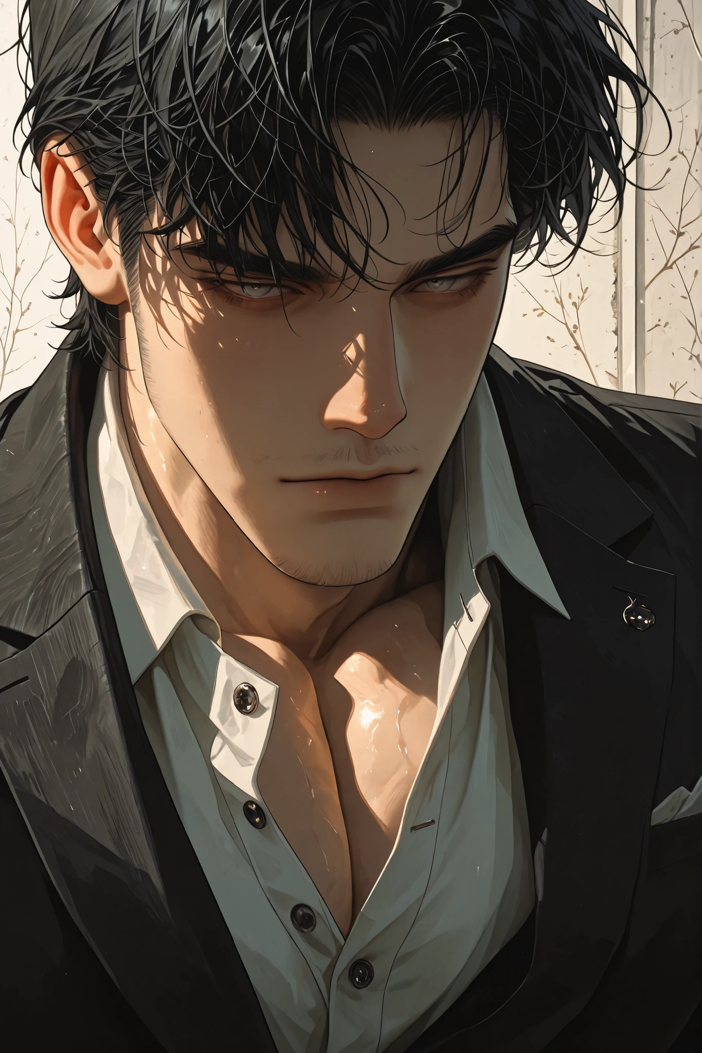 Handsome adult male, A man in his 40s , Mature impression , Black Suit Jacket, Unbuttoned shirt, Sexy cool guy, Solo, Black Hair, Gray eyes , close-up, semi-realistic, Peaceful expression, watercolor illustration , Calm Impression