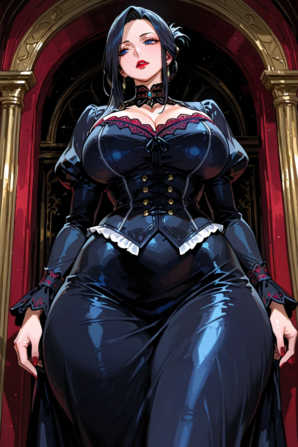 (best quality, ),gothic, milf, huge breast, thicc, black hair, blacklipstic, standing, solo, full body, long skirt, large skirt, black robe, medieval clothing, dark atmosphere, ornate details, dim lighting, dramatic shadows, mysterious aura, intricate lace patterns, porcelain skin, bewitching gaze, elegant posture, majestic presence, flowing silhouette, gothic architecture, candlelit backdrop, hauntingly beautiful, enchanting presence, ethereal ambiance, alluring expression, intense sensuality, exquisite jewelry, supernatural allure, captivating aura, sensual curves, full body, boots, blacklipstic
