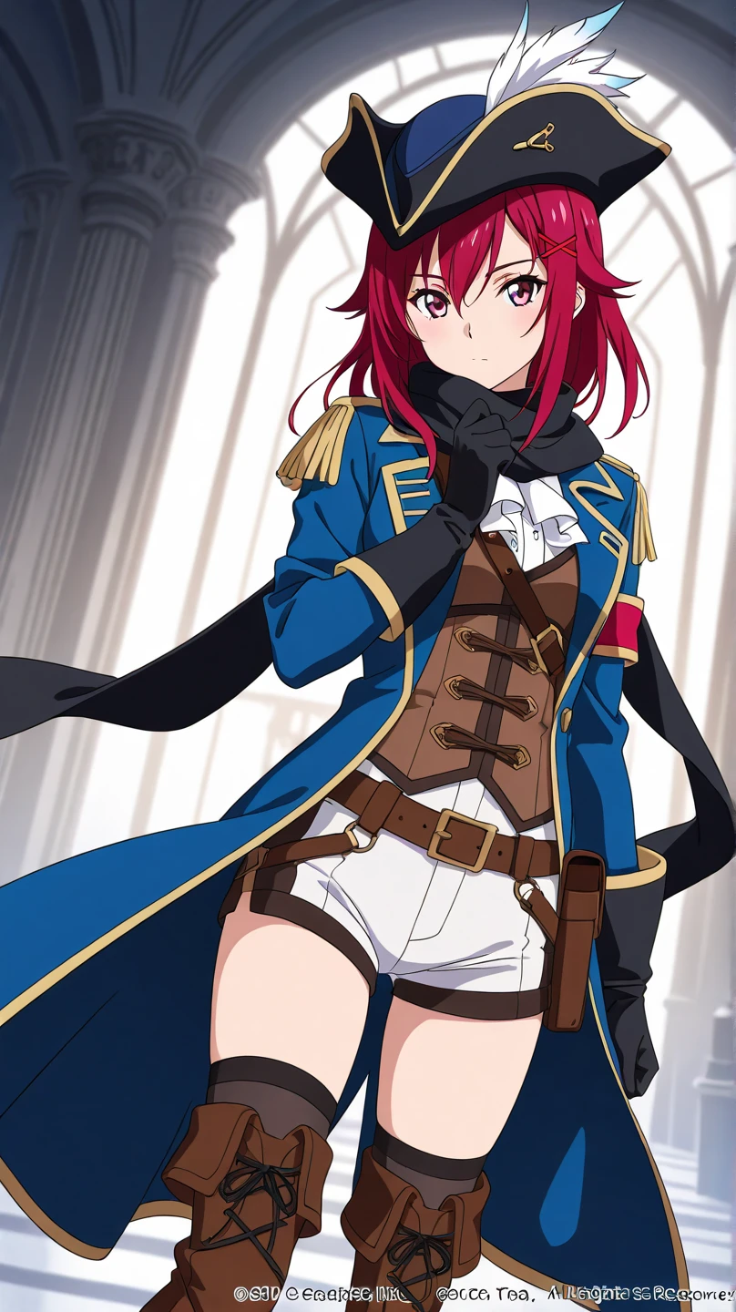 masterpiece, best quality, 1girl, detailed face and eyes, full body, big breasts, Katou Marika, (black pirate costume), belt, (black cargo pants), (black boots), (black pirate hat), smile, closed mouth, rapier sword