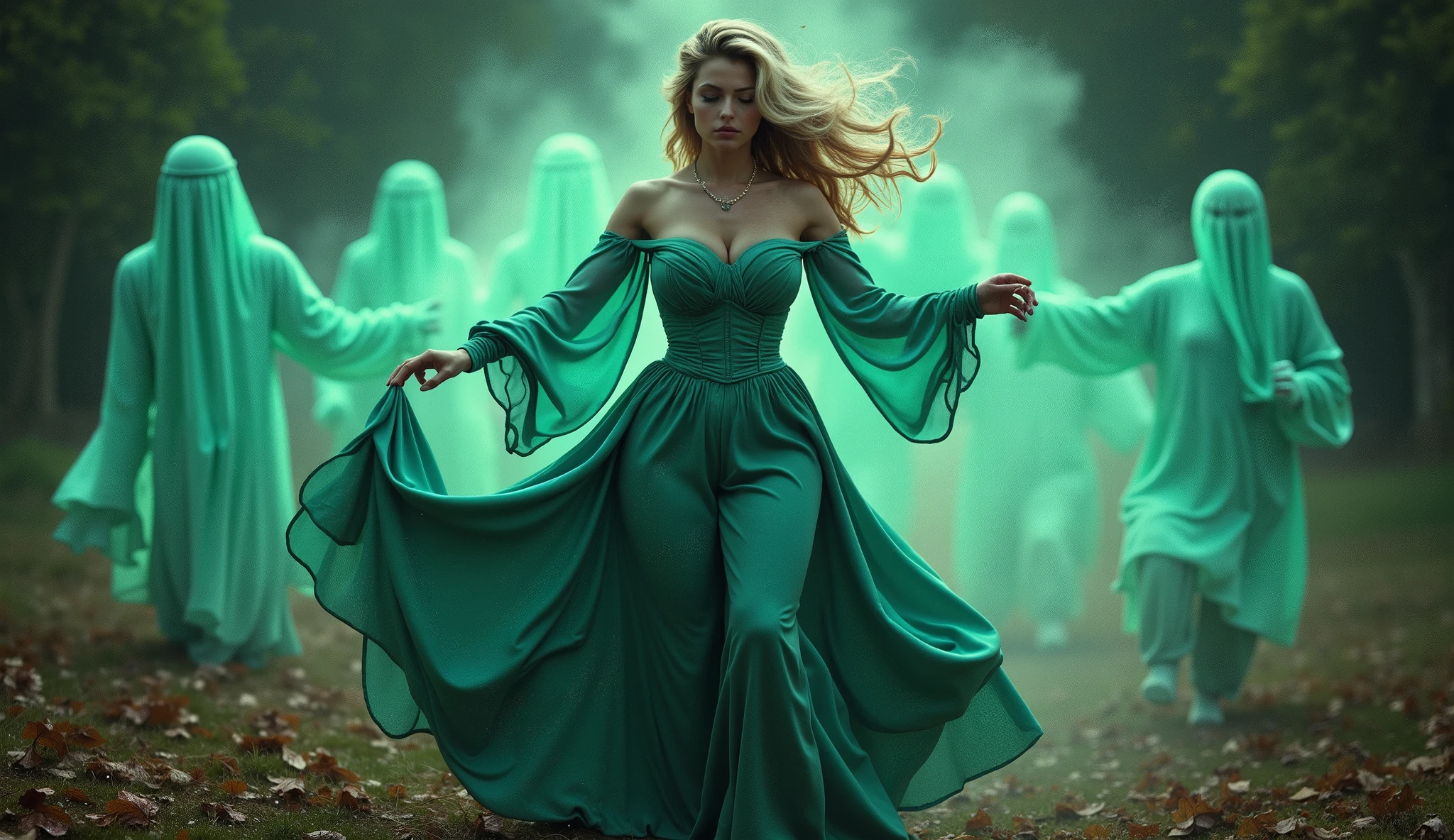 The sky darkens. A sudden gust of wind is illustrated, whirling leaves and dust around Eleanor (a beautiful woman dressed in 19th-century turquoise clothing), (elegant, lush, with thick thighs, a wide bottom, large breasts, and a small waist) as she completes the final turn. Specters of ghosts dance around Eleanor; the specters are made of green ectoplasm, composed of luminous lines.
