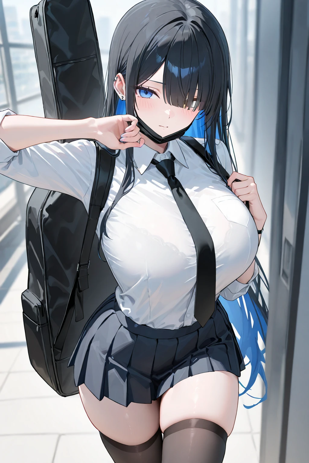 Highest quality, high resolution, looking at viewer, 1 woman with long messy thick hair, center part, stacked bob, voluminous hair, in her 20s, tight buttoned shirt, knee length, form fitting pencil skirt, black pantyhose and high heel, wrinkled clothing, photo realistic, video game cut scene, smooth, detailed face, perfect skin, beautiful, Insanely detailed, (taped mouth), tape gag, gag, gagged, ankles taped, ,mouth taped, arms bound behind back, elbows taped, wrists taped, taped legs, taped arms, knees taped, frightened, pleading eyes, desperate, crying, fearful, cinematic, anime, cowboy shot, wide shot, from above, award wining, masterpiece, super detail, detailed background, anatomically correct, best quality, 16k, butt focus, messy hair, tears, bruises
