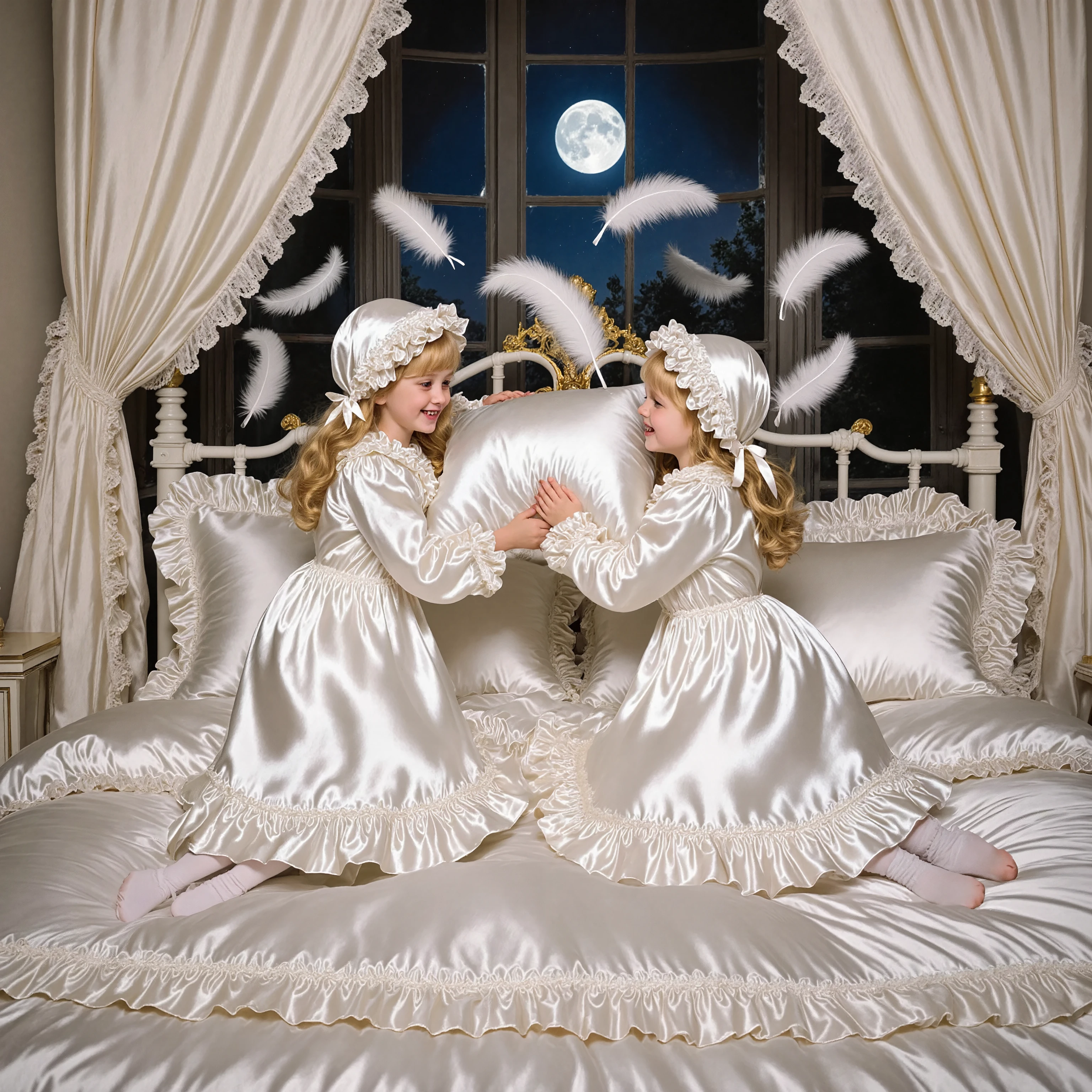 Realistic,highest quality, masterpiece, highest resolution, artwork, super get used to it, many become familiar with, become familiar with, get used to it,change,before bedtime, ,little girl, happy,smile,on the bed,((cute girl on a big bed)),((As a child )), ((little girls pillow fighting on the bed,pillow fight,they have a frilled silk satin pillow:1.2)),((lot of white feather flying,detailed realistic feather:1.2)),((ten years old)),european,((blonde very longhair:1.0)),(((white nightgown with lot of frills and ribbons,1920 style victorian nightgowns:1.2))),((frilled Nightcap with ribbon)),((detailed Yoke collar with ruffles and ribbons,detailed ruffed placket:1.0)),((Long sleeves,puff sleeves with ribbons,frilled sleeves)),((frilled Long skirt up to the ankle:1.0)),((The whole body is reflected)),(inside the palace),(in the bedroom at night),Detailed Night view and moon in the window,Before bedtime,White ruffled socks, Big Bed with Lots of frilled pillows,luxurious canopy bed , ,Four-poster canopy bed,King Size Bed,Bigger bed,frilled pillows,More pillows, soft and smooth comforter,round puffed comforter,Ruffle Lace Silk.retro white pipe bed frame, realistic,((Out of frame bigger King Size Bed:1.2)), curtain with ruffles ,