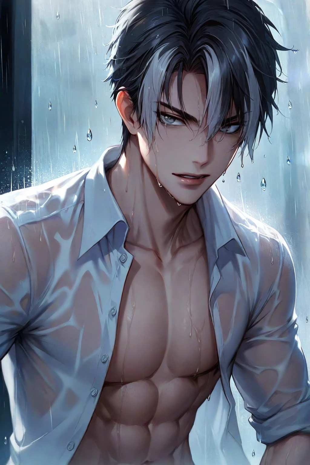 1boy,male focus,kurosaki ichigo,bleach,black hakama,tensa zangetsu (bankai),torn clothes,outdoors,rain,pectorals,(masterpiece),(best quality),(ultra-detailed),very aesthetic,illustration,disheveled hair,perfect composition,moist skin,intricate details,