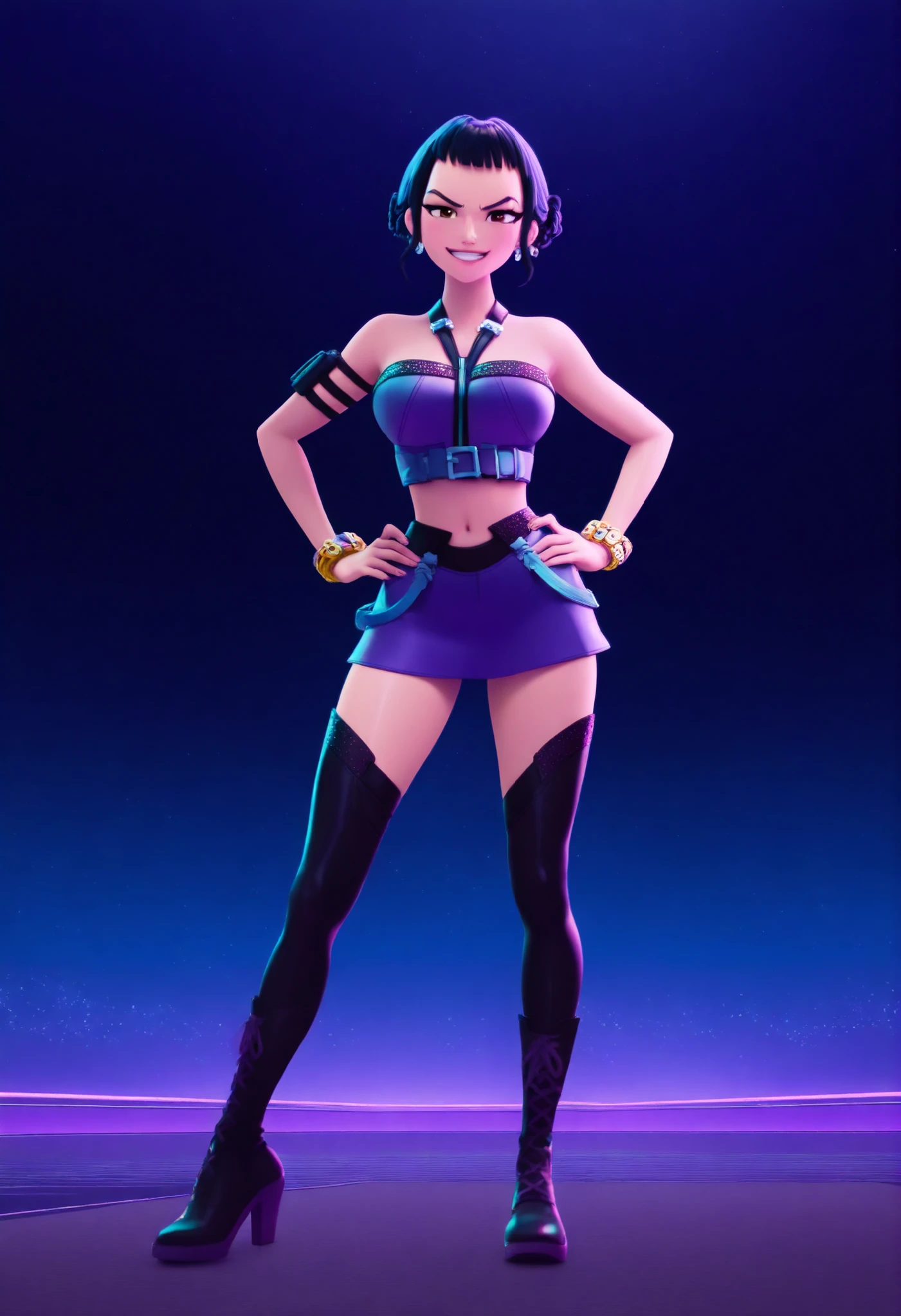 Z03yKP0P, short hair, black hair, hair bun, double bun, bangs, brown eyes, short, 3d, 1girl, solo,,1girl, Zoey K-Pop idol, front view full body, long purple-blue wavy hair, wearing deep V-cut neon purple crop top with glowing runes, mini skirt with metal belts and thigh cutouts, high heels boots, big breast (1.7), juicy round butt (1.3), shiny skin (1.2), hands on hips, playful smirk, standing on a glowing cyberpunk stage, Pixar 3D cinematic lighting, viral IG composition