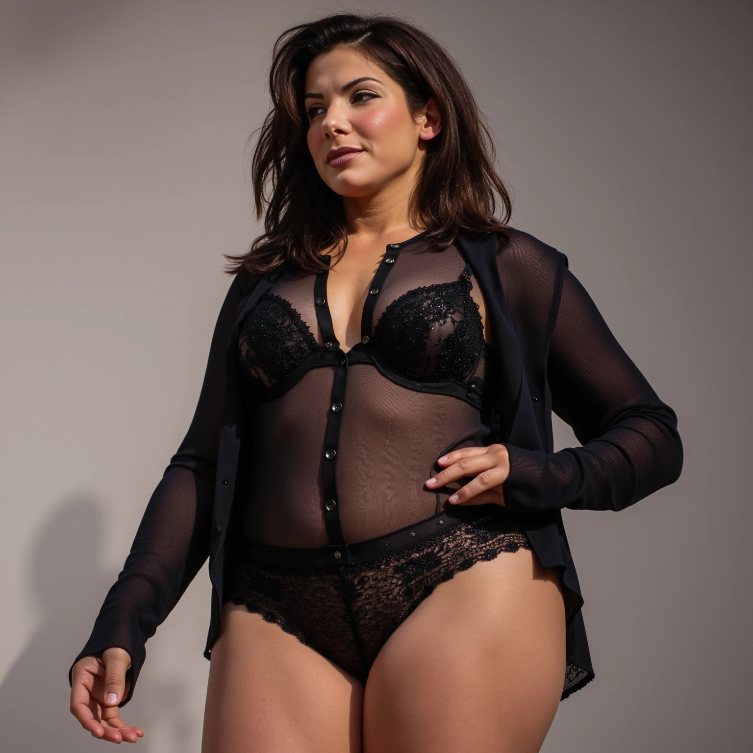 An illustrated movie poster, hand-drawn, full color, a teenage elven girl, wearing a lace bralette and bloomer shorts, light brown skin, African-American, Amazonian body, very tall, athletic, hourglass figure, curvy, bottom-heavy, generous hips, massive bubble-butt, long legs, ridiculously thick powerful thighs, hazel green eyes, long pointy elf ears, ash brown hair, short curly bob, posing with butt facing toward camera, early morning fog, wet glistening skin, hard shadows, graphite shading, stencil marks, airbrushed acrylic paint, masterpiece, in the style of Lord of the Rings 