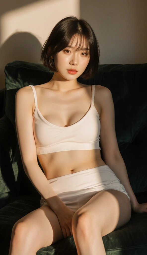 tmasterpiece,Best quality at best,A high resolution,8K,(portrait),(Close up of avatar),(RAW photogr),real photograph,digital photography,Full body lesbian,20 year old girl,short detailed hair,with long bangs,(white color hair),Red eyes,Elegant and majestic,Dressed in a white coat,Underwear without suspenders,red clothing texture,Shoulders exposed,exposing your navel,Keep your mouth shut,Serious and charming,The scholar,Photo pose,Sci-fi style laboratory,White room,oc render reflection texture,mechanical sense
