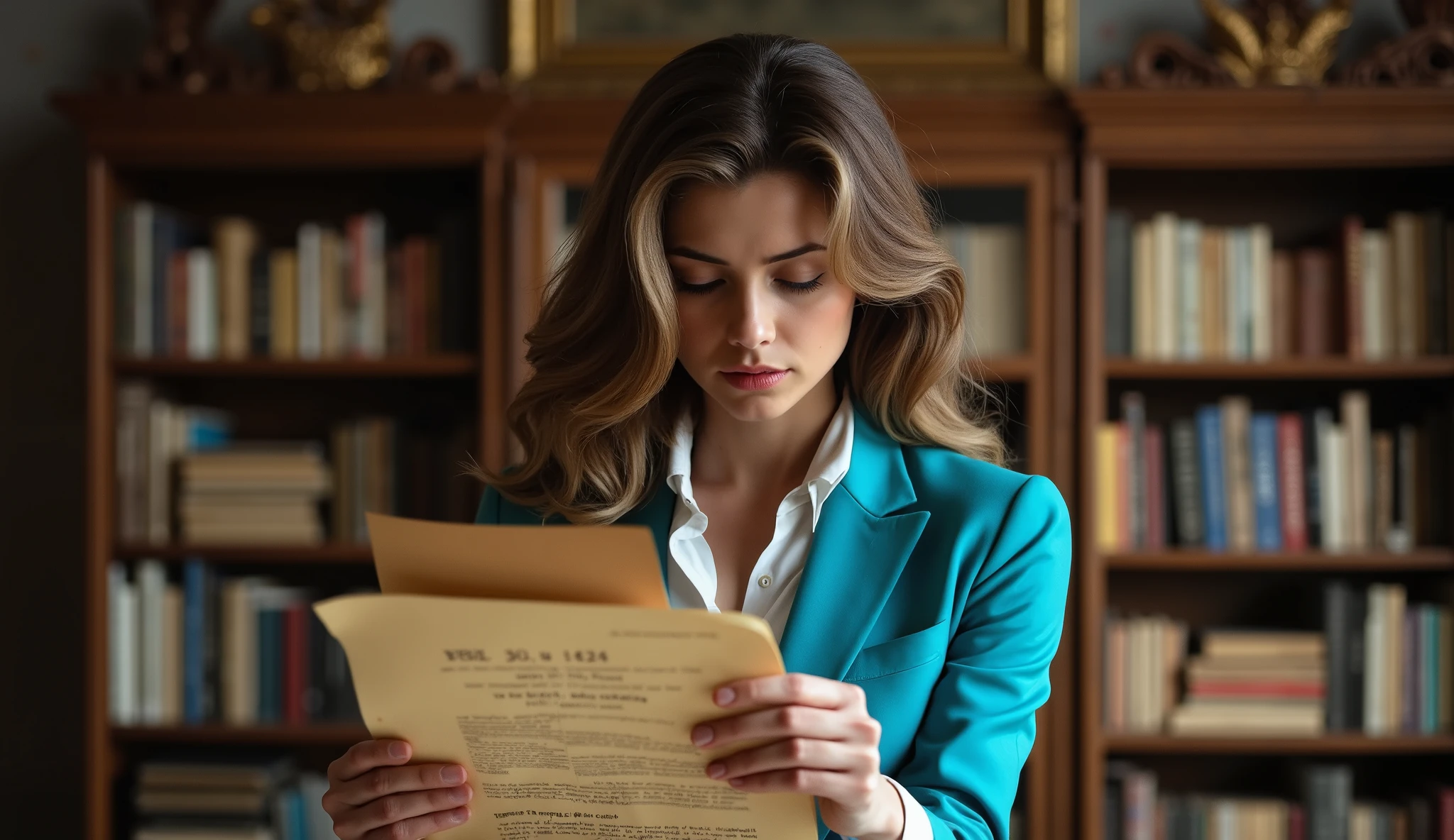 Eleanor, a beautiful and sensual woman (a very beautiful woman, with long brown hair, blue eyes, dressed in 21st century work clothes, business suit with turquoise blue jacket, turquoise blue skirt and white shirt), Eleanor directs her gaze, with great attention, to the various old papers in her hand, she searches through old papers on dusty shelves, (((a strong ray of light passes through the frame, the dazzling volumetric optical effect (God Light) makes the dust of the place visible))), wooden shelves of the decaying mansion, her urgency highlighting her search for answers about Arthur, detailed context,,