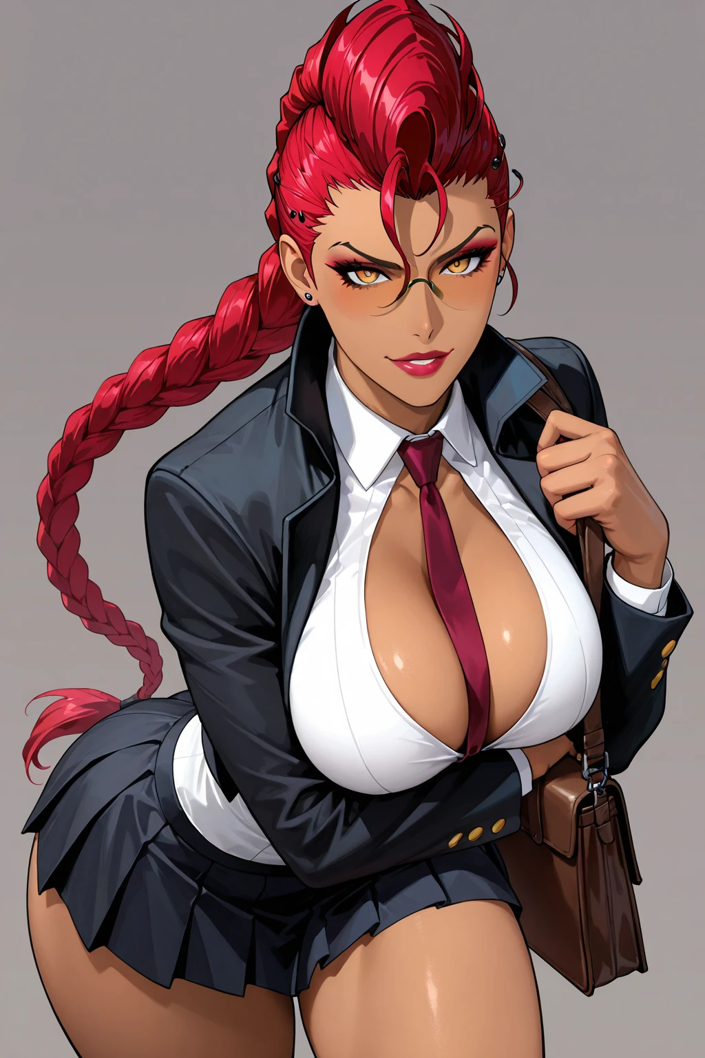 smoking a cigarette
,holding a cigarette,
jewelry,midriff,gem,earrings,necklace,
brown_hair,brown_eyes,Very_long_hair,lipstick,makeup,red_lips,Hot girl, baddie, staring, glaring, bad attitude, mean girl, dare, angry, hate, crazy, smoking, sensual, attractive,
1 girl, 20yo,mature female,Beautiful Finger,Beautiful long legs,Beautiful body,Beautiful Nose,Beautiful character design, perfect eyes, perfect face,
masterpiece, best quality, ((unbuttoned , cleavage, necklace, earrings, sexy body,
breasts)) , micro skirt, smiling, navel , exposed belly, exposed navel,(nsfw) not safe for work,school,
classroom , hold a gun,knot, holding pistol, navel piercing