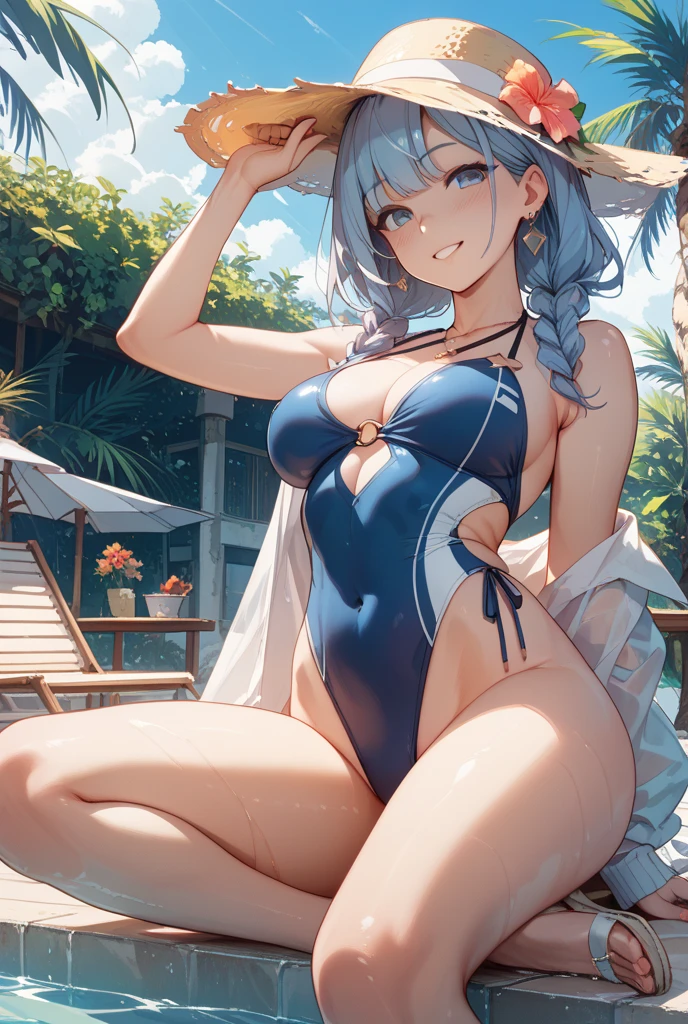 One Girl、Long Hair、Slightly large chest、（Slightly large chest：1.4)、Thick thighs、（Thick thighs：1.2)、Silver Hair、Golden Eyes、frilled hairband、V front micro plunging swimsuit、（黄金のV front micro plunging swimsuit）