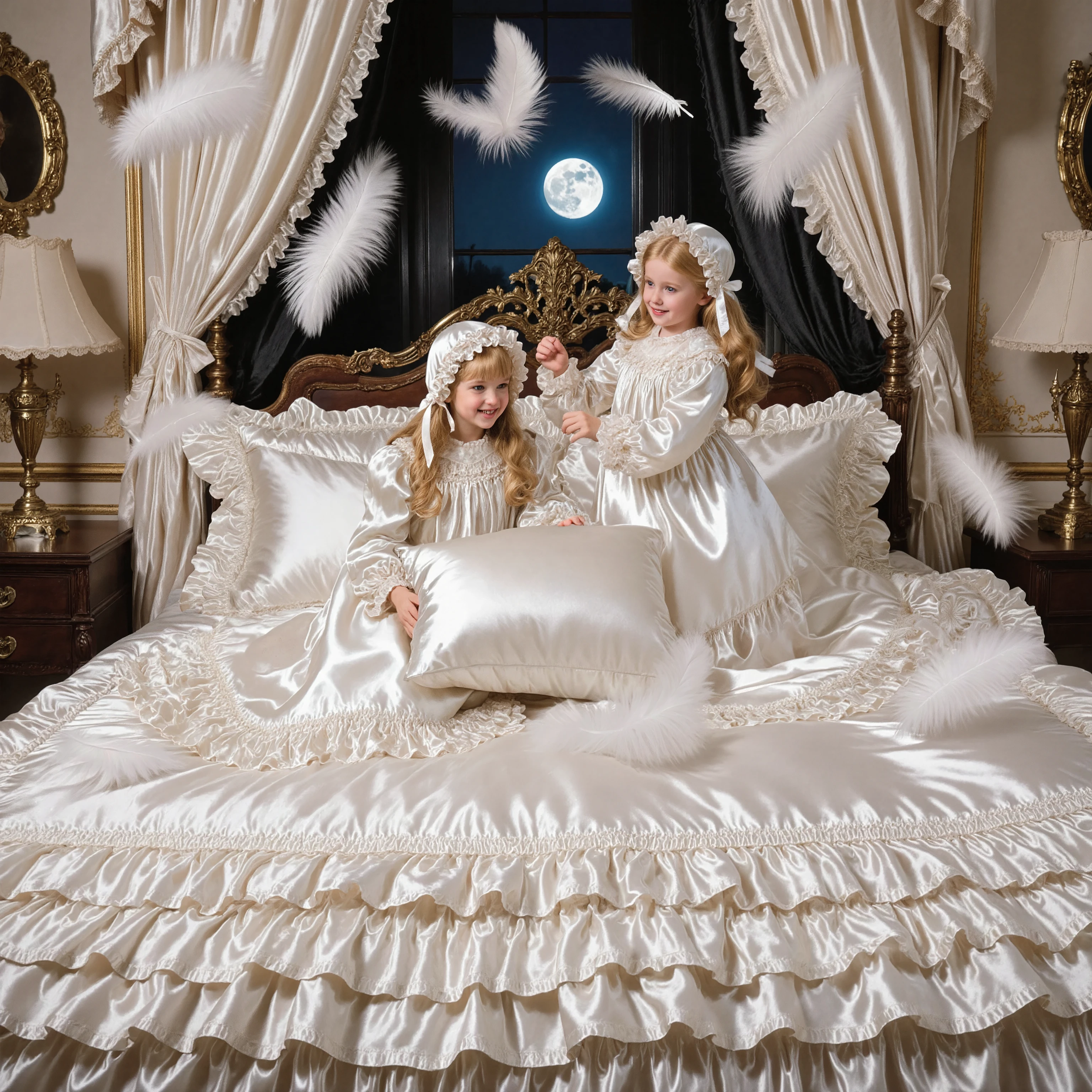 Realistic,highest quality, masterpiece, highest resolution, artwork, super get used to it, many become familiar with, become familiar with, get used to it,change,before bedtime, ,little girl, happy,smile,on the bed,((cute girl on a big bed)),((As a child )), ((little girls pillow fighting on the bed,pillow fight,they have a frilled silk satin pillow:1.2)),((lot of white feather flying,detailed realistic micro feather:2.0)),((ten years old)),european,((blonde very longhair:1.0)),(((white nightgown with lot of frills and ribbons,1920 style victorian nightgowns:1.2))),((frilled Nightcap with ribbon)),((detailed Yoke collar with ruffles and ribbons,detailed ruffed placket:1.0)),((Long sleeves,puff sleeves with ribbons,frilled sleeves)),((frilled Long skirt up to the ankle:1.0)),((The whole body is reflected)),(inside the palace),(in the bedroom at night),Detailed Night view and moon in the window,Before bedtime,White ruffled socks,((Dar view,Big Bed with Lots of frilled pillows,luxurious canopy bed , ,Four-poster canopy bed,King Size Bed,Bigger bed,frilled pillows,More pillows:1.0)), soft and smooth comforter,round puffed comforter,Ruffle Lace Silk.retro white pipe bed frame, realistic,((Out of frame bigger King Size Bed:1.2)), curtain with ruffles ,