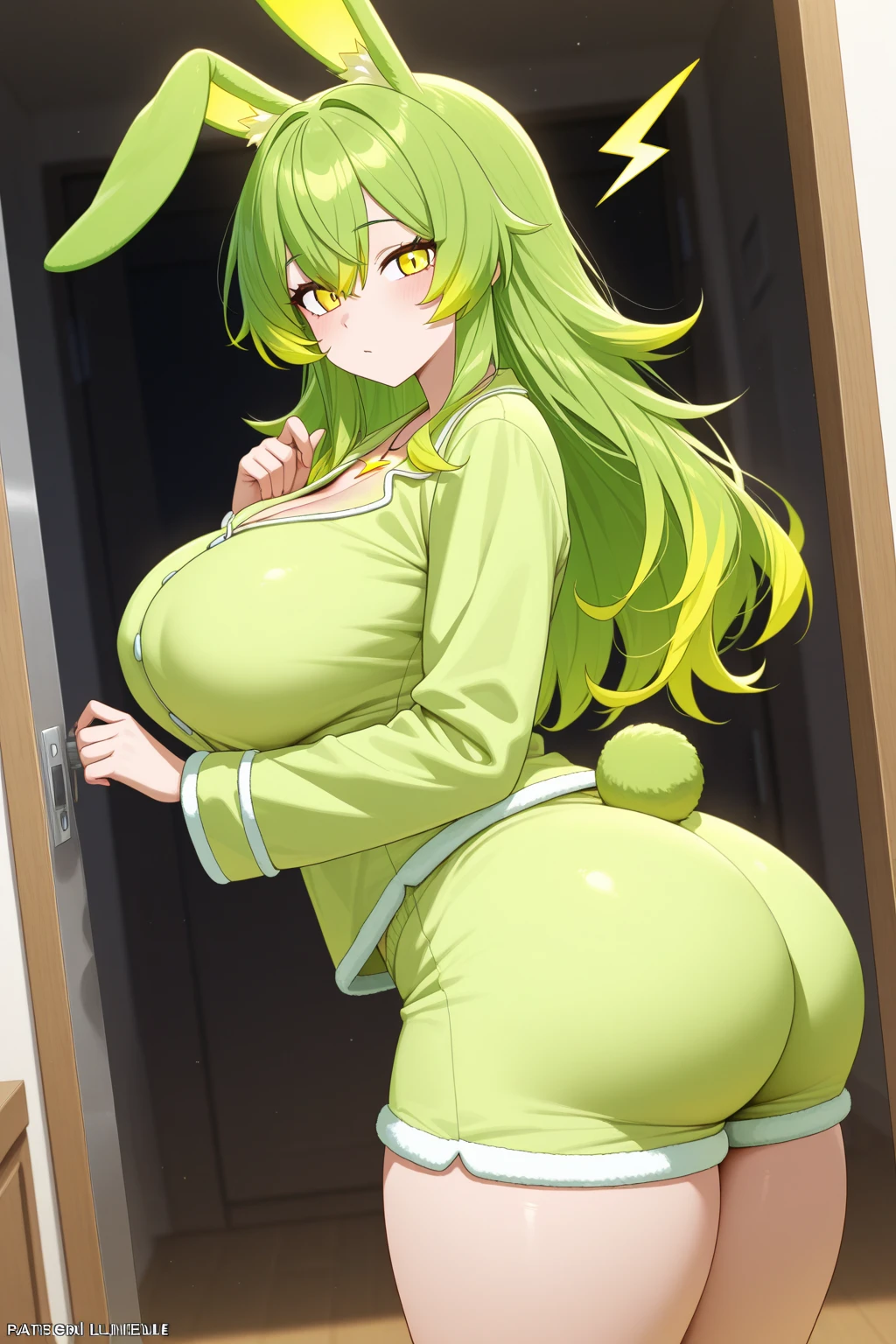 Expressive eyes, (((1 girl))), ((anime)), (Light yellow-green hair ), ((Red Eyes)),(Half closed eyes), ((very Big Breasts)), ((Firm breasts)), ((Exposed thighs)),((goddess,Angel))((Bunny girl,See through)), ((Big Breasts,and ass)), ((Blunt bangs)), ((white, Race)), ((In the bedroom)), Captivating smile, Princess Cut, Shiny Hair, (masterpiece), Anatomically Correct Art, Very detailed, Advanced Details, high quality, 最high quality, High resolution, 4K, 8k, ((Ultra high leg)),(((Captivating smile))),(squat,Do the splits,Show your crotch)