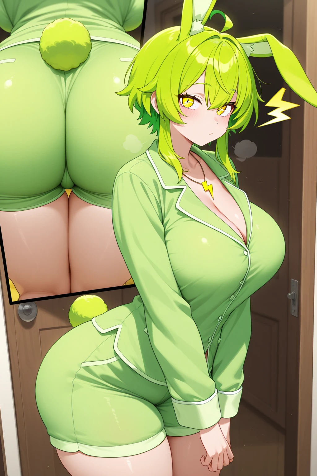 ((melhor qualidade)), (detalhado), rosto perfeito, nfsw, 8k, 1 girl,( no panties), lying in bed, ass up, green hair, pink eyes, colossal ass, colossal , anime girl, cat ears, doggy style position, better lighting, melhor detalhe, dedo na boca, olhar de safada, fim de tarde, bunda empinada,real vaginal