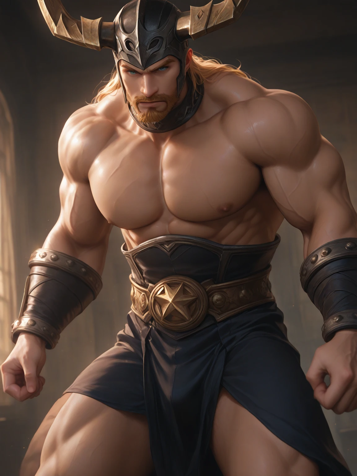 Middle eastern, muscular man, half-man, half demon, green olive skin, yellow eyes, large, hooked nose, bulky, power lifter, desert, male, bare chest and stomach, ganondorf, fantasy, red hair, red beard jewelry, tribal, desert tattoos, he is romantic, embrace with the prince zelda, blond, white and pink Loincloth, he is looking off in the distance, man is clothed in a long Loincloth, petite frame, pointed ears, elf like,  he looks angry but present with her, fire nearby, war