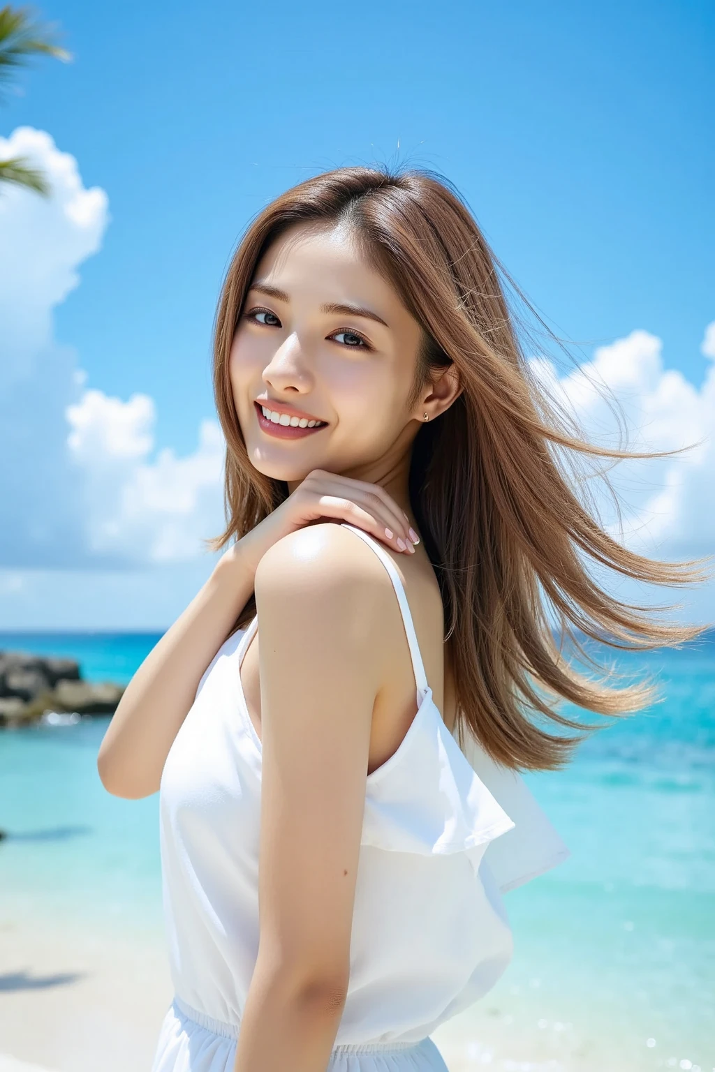 A woman smiling with her face tilted slightly。With long, curly brown hair、Relaxed smile。Shooting on the beach。She's wearing a dress to keep her skin from burning.