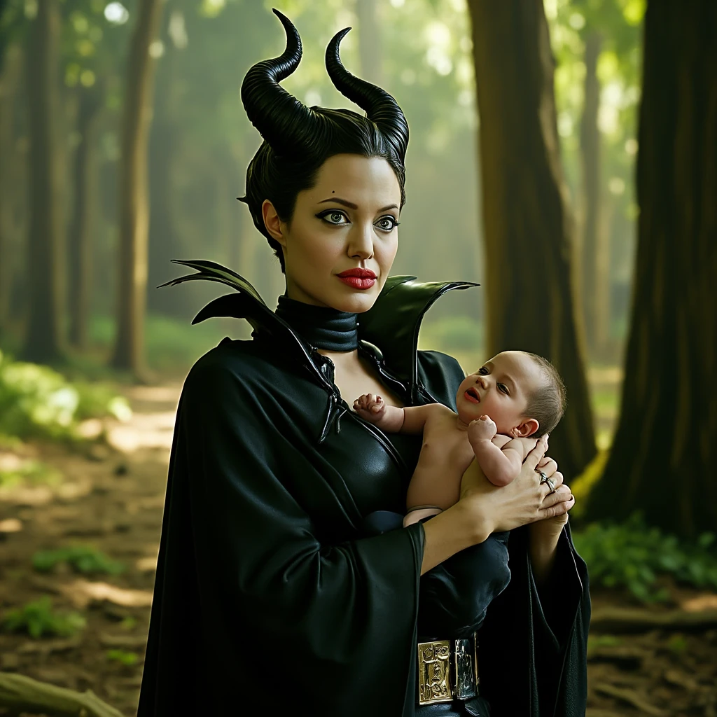A stunning portrait of Maleficent giving birth in a dungeon, she is actively giving birth, the baby’s head is stretching her birth canal