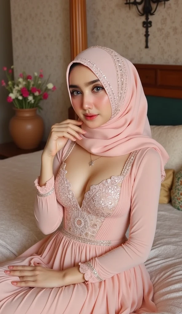  a mature female , long hijab, ample cleavage, soft smile, beautiful, ,puffed medium breast, realistic clothes, detail clothes, bedroom background, ultra detail, realistic, open clothes, full body, open skirt by wind, cameltoe,  sexy, long dress, pashmina hijab, hijab stylish, silk dress, lying on bed, lying down, open legs, spread legs