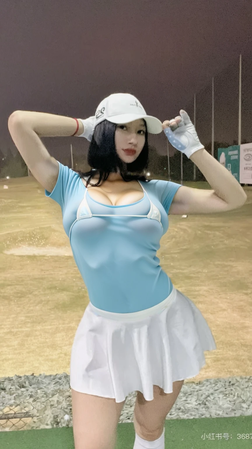 Sheer tank top、Transparent nipples、Big Tits、See-through underwear、pantyhose/stockings、Cheerleader、Golf course、Golf court、Pussy line、Blue Hair