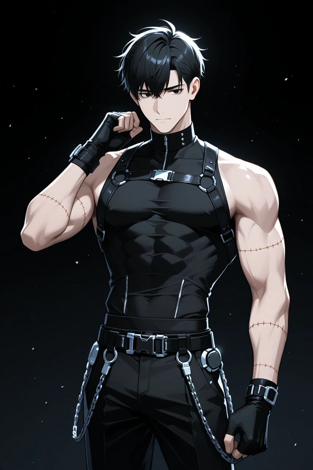 (flat color:1.1),(masterpiece:1.2), best quality, masterpiece, original,short black spiky hair, (mature handsome anime man looking at the camera with a smug expression:1.2), wearing prison uniform, convicted felon