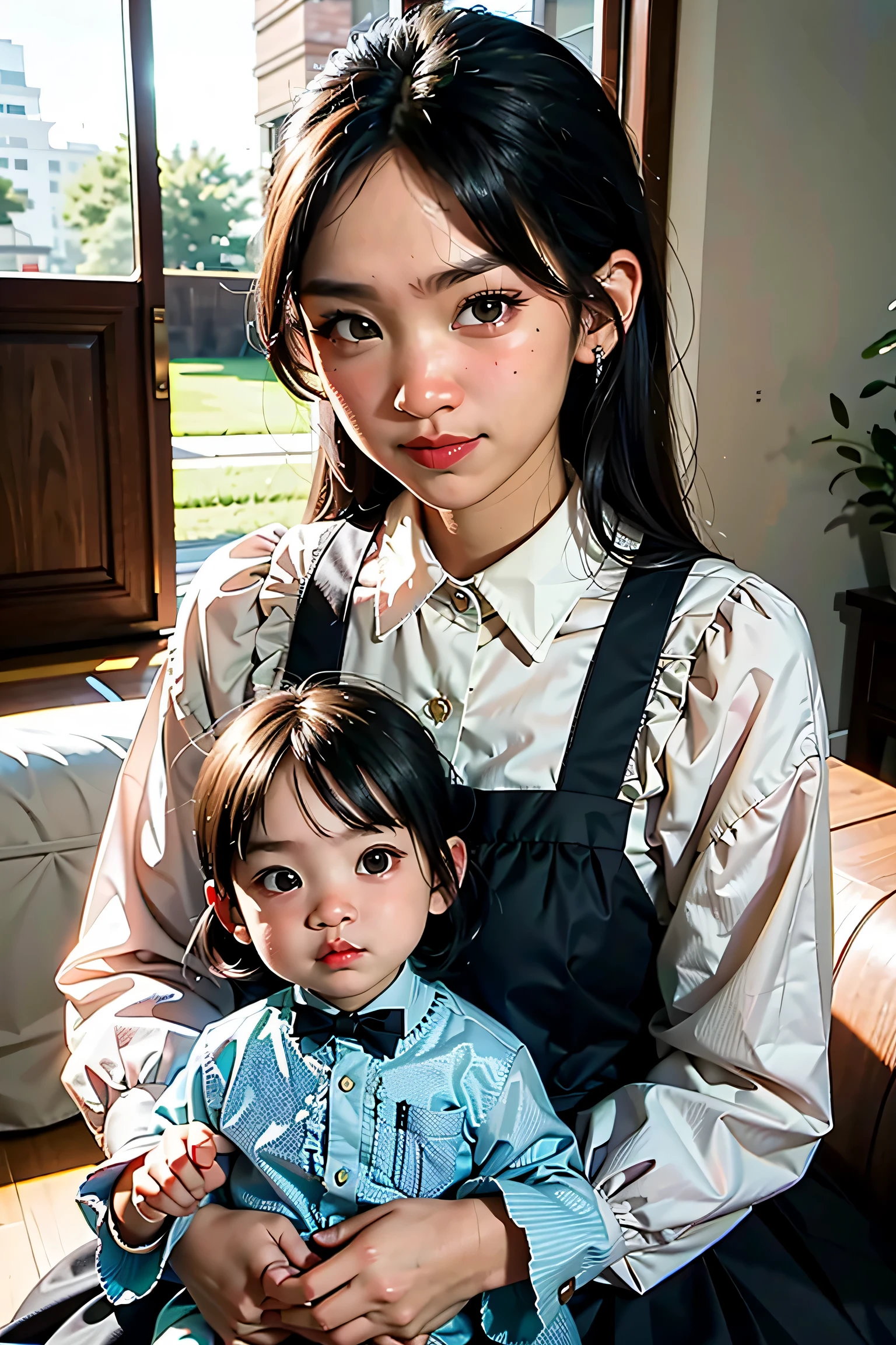 Cute Baby Chibi Anime,Curly Sauvage Hairstyles with Brown Hair,A smile,Denim shirt and floral pleated skirt,The background is the Royal Botanic Gardens, cue