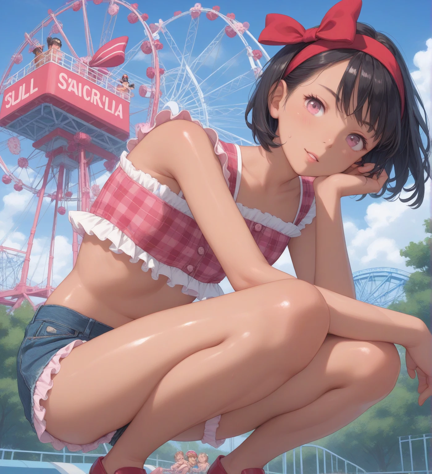 Highest quality,8K,High definition,Cute like a little sister,Dark brown hair,navel,summer,Date,amusement park