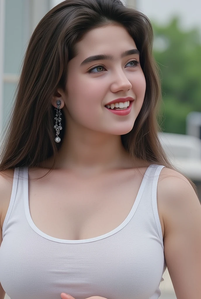 HDR, 1 Girl, Beautiful, Baby Face, 18 Years Old, White Skin, Pink Wet Glossy Lipstick, Sensual Lipstick, Sensational Make up artist, Georgeus, Cleavage, Sleeveless, Starpless Night Dress, ((muscles:1.1)), City Outdoor, Grey Hair, Grey Ponytails, Laugh, Girly Feminine Pose, Large Breasts, ((bokeh:1.1)), ((adorable:1.1)), ((masterpiece:1.1))