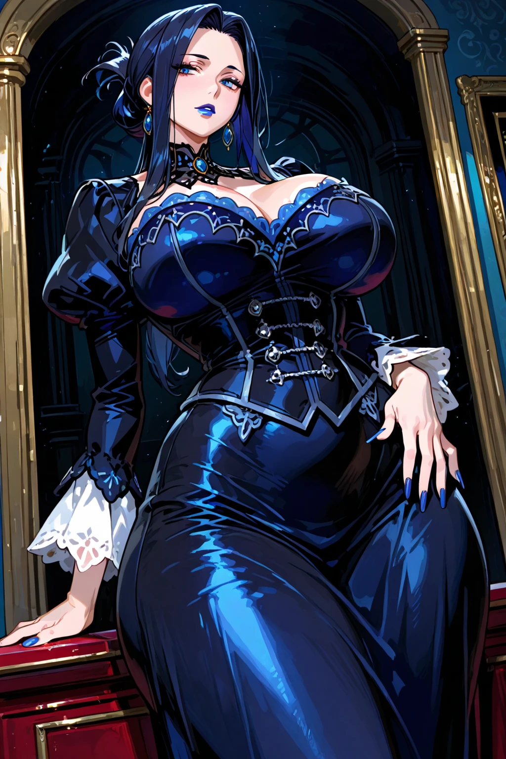 (masterpiece, best quality:1.2), intricate details, <lora:GoodHands-beta2:1>, <lora:bayonetta3-000010:1>, bayonetta3, 1girl, long hair, glasses, makeup, twin braids, lipstick, jewelry, elbow gloves, bodysuit, (mature female:1.2)