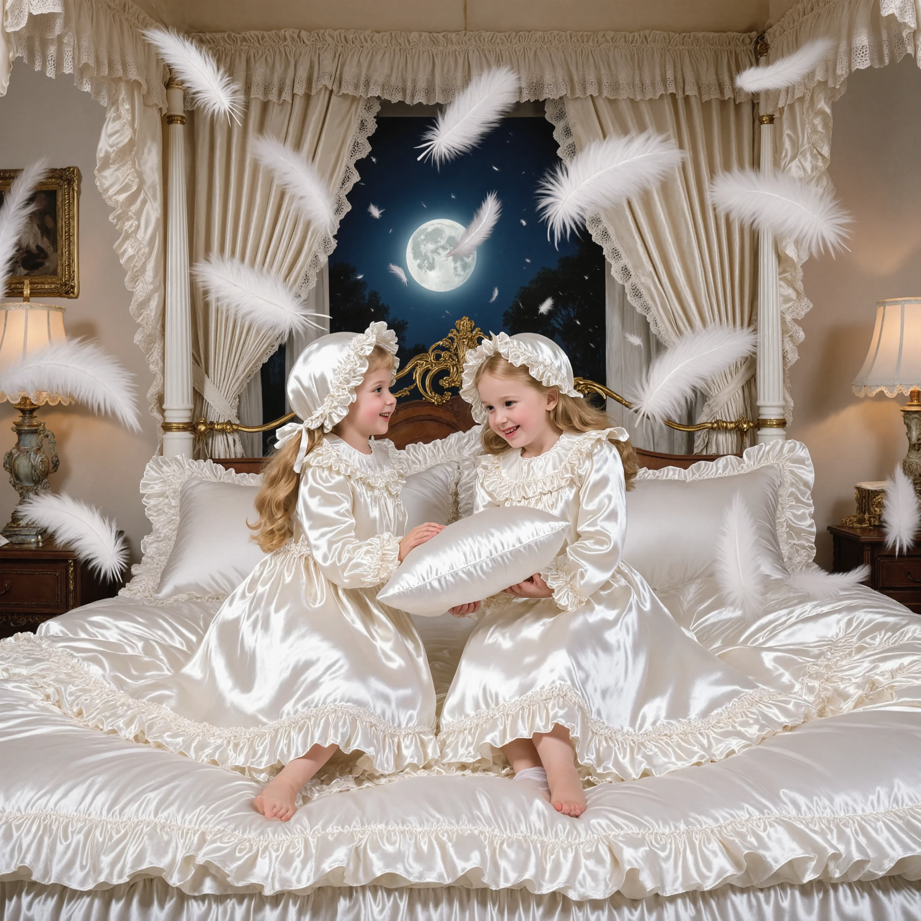 Realistic,highest quality, masterpiece, highest resolution, artwork, super get used to it, many become familiar with, become familiar with, get used to it,change,before bedtime, ,little girl, happy,smile,on the bed,((cute girl on a big bed)),((As a child )), ((little girls pillow fighting on the bed,pillow fight,they have a frilled silk satin pillow:1.2)),((lot of white feather flying,detailed realistic micro feather:2.0)),((ten years old)),european,((blonde very longhair:1.0)),(((white nightgown with lot of frills and ribbons,1920 style victorian nightgowns:1.2))),((frilled Nightcap with ribbon)),((detailed Yoke collar with ruffles and ribbons,detailed ruffed placket:1.0)),((Long sleeves,puff sleeves with ribbons,frilled sleeves)),((frilled Long skirt up to the ankle:1.0)),((The whole body is reflected)),(inside the palace),(in the bedroom at night),Detailed Night view and moon in the window,Before bedtime,White ruffled socks,((Dar view,Big Bed with Lots of frilled pillows,luxurious canopy bed , ,Four-poster canopy bed,King Size Bed,Bigger bed,frilled pillows,More pillows:1.0)), soft and smooth comforter,round puffed comforter,Ruffle Lace Silk.retro white pipe bed frame, realistic,((Out of frame bigger King Size Bed:1.2)), curtain with ruffles ,