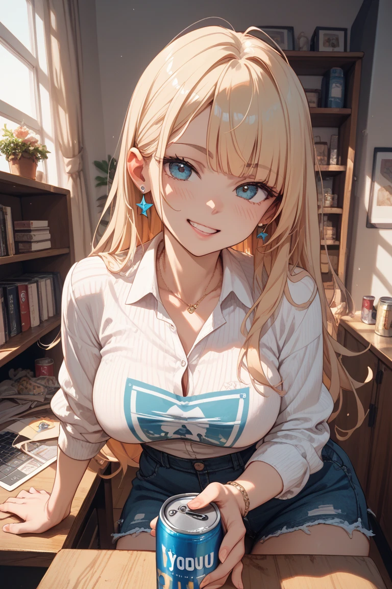 detailed illustration, dynamic angle, ultra-detailed, illustration, 1girl, 18 year old, school girl, wavy long blonde hair, long hair, bright robotic blue eyes, hearts, white shirt, black mini skirt, cleavage, flush, blush, arousal, wide eyes, happy, smiling, seductive, touching chest, open mouth, happy, eager, delighted, flushed, server room, glowing hair, glowing eyes, glowing body, 