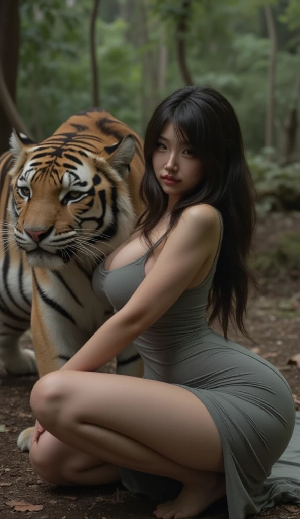 1 Girl, Beautiful, Baby Face, 20 Years Old, White Skin, Riding a Beast Tiger, Cleavage White Maid Outfit, Blue Eye, Muscles:1.3, Dark Forest Outdoor, Glasses, Bokeh:1.1