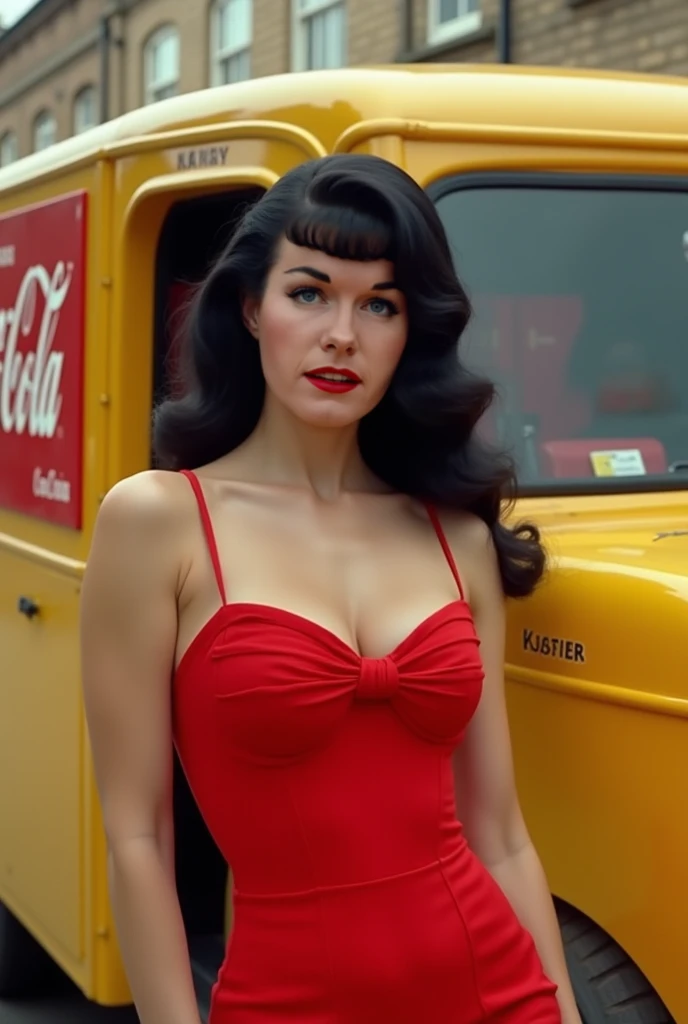 (portrait shot, ultra-detailed, best quality, photorealistic:1.37, 4k, realistic, portrait, photography, jiggling Betty Page in Pulp Fiction, iconic pose, detailed facial features, vibrant colours, 35mm)