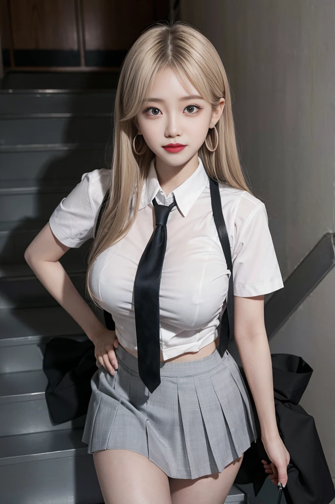 Grey Eyes, korean , Summer Shirts, Ribbon tie, skirt, Light Blonde, School stairs, going down School stairs, Chest thrust pose, Breast-flaunting pose, 8k RAW photo, High resolution, Cool Korean 16 year old, Very big round breasts, Beautiful eyes in every detail, Long eyelashes, Beautiful double eyelids, eye shadow, eyeliner, Narrow eyes, Elongated eye shape, Three white eyes, Wicked Smile, Evil look, Beautiful and slim legs, Beautiful and thin thighs, Random Medium Hair, Tie your hair behind your head, Earrings,
