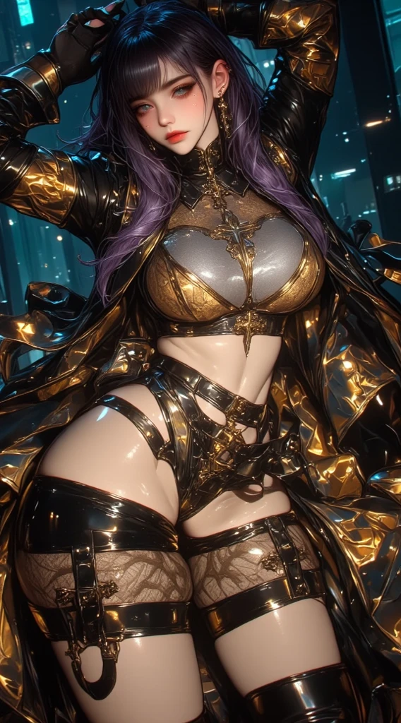 1 mechanical girl、((The details are extremely realistic.))、Portlet、world class illumination、shadow、Octane render、8K、extra sharp、Steampunk Cyborg Body、white porcelain body、hydraulic cylinder、Details of intricate jewelry、Details of Gothloli、Very complicated details、realistic light、CGSoation trend、purple eyes、sparkling eyes、Facing the camera、neon details、big 、You can see the separation.、mechanical limbs、Blood vessels that connect to the spine tubeechanical attached to the back、The mechanical cervix is attached to the neck.、sit on、Wires and cables connect to the head.、The background is a steampunk area.、