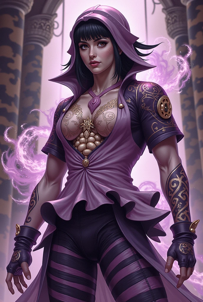 beautyful woman, gothic, mature woman, black lipstick, tattoos in whole body, slim body, slender body, kitana's vest, lilac vest, full body